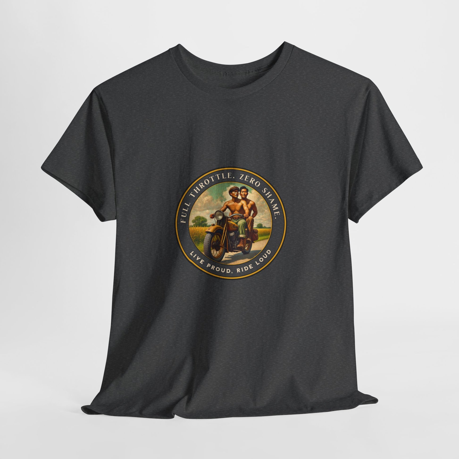  Vintage-inspired LGBTQ+ pride t-shirt featuring a 1930s-style image of two shirtless Asian men riding a motorcycle. With affirmations like “Full Throttle. Zero Shame” and “Live Proud. Ride Loud,” this tee honors queer freedom, Asian pride, and bold love.