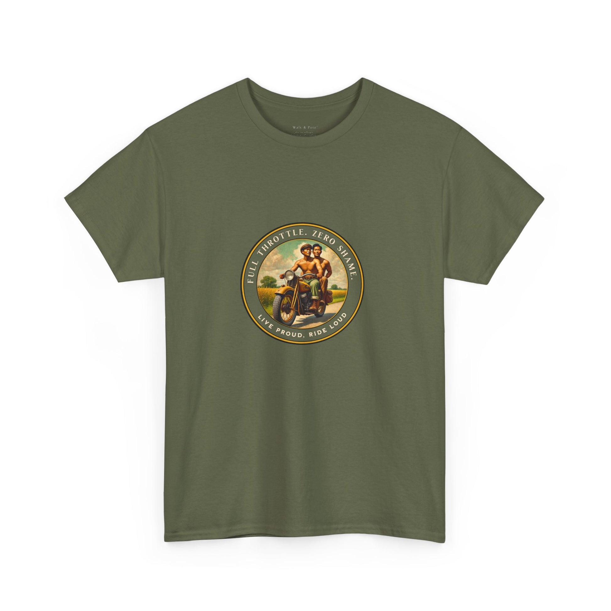  Vintage-inspired LGBTQ+ pride t-shirt featuring a 1930s-style image of two shirtless Asian men riding a motorcycle. With affirmations like “Full Throttle. Zero Shame” and “Live Proud. Ride Loud,” this tee honors queer freedom, Asian pride, and bold love.