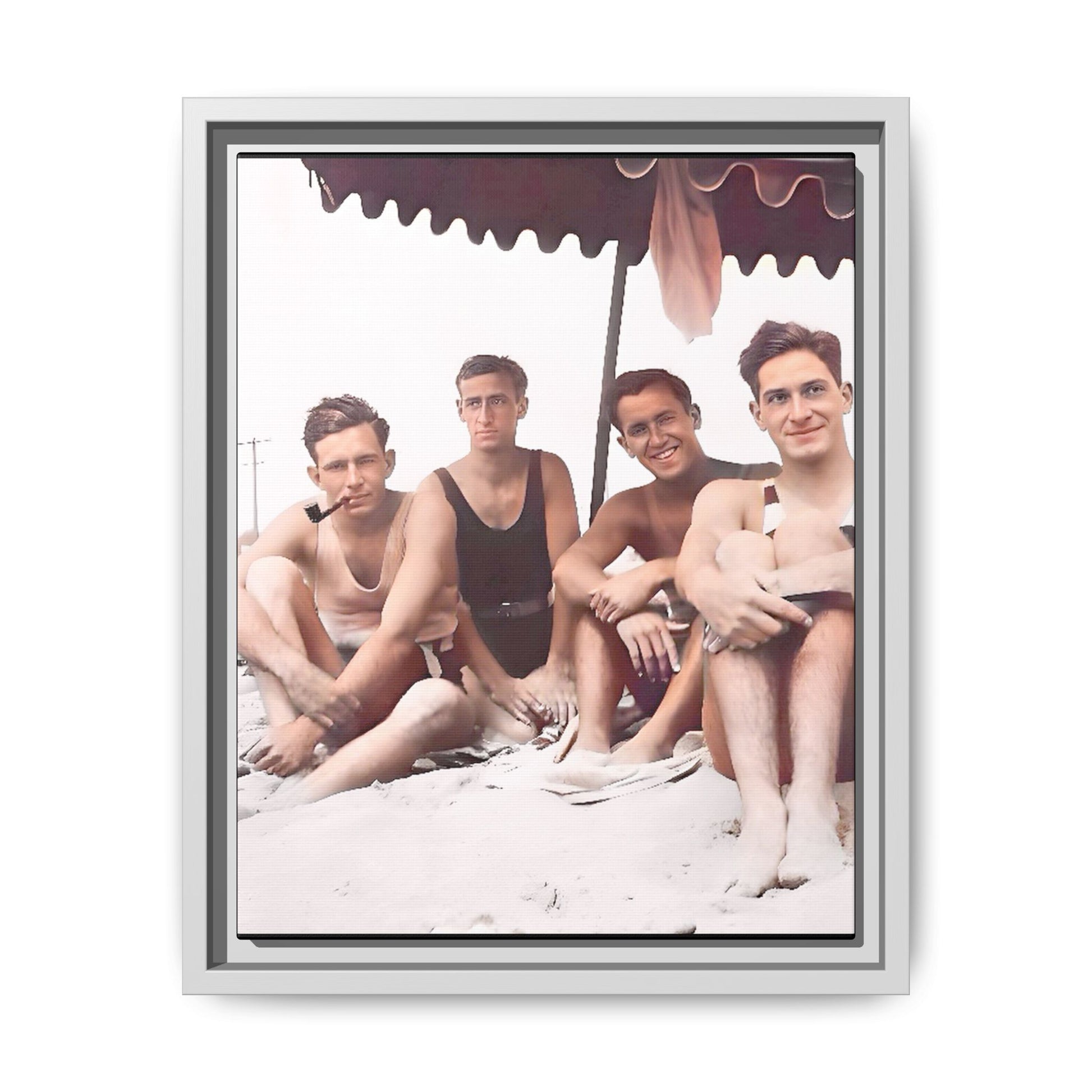 Restored vintage 1920s photograph of men enjoying a sunny beach day in Asbury Park, New Jersey, under a striped canopy. Framed matte canvas print celebrating LGBTQ+ history, joy, and camaraderie. Gay Friends