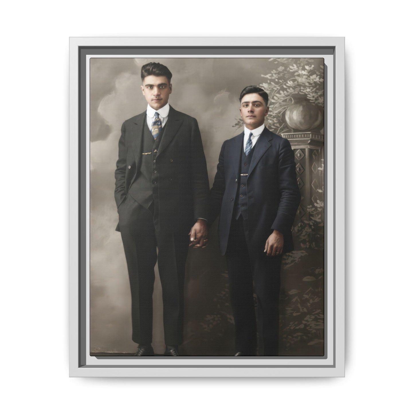 Early 20th century style paired portrait with two men in tailored suits against a decorative painted backdrop