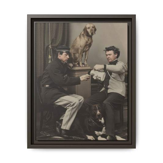 Early 20th century portrait framed canvas wall art with dogs and studio backdrop