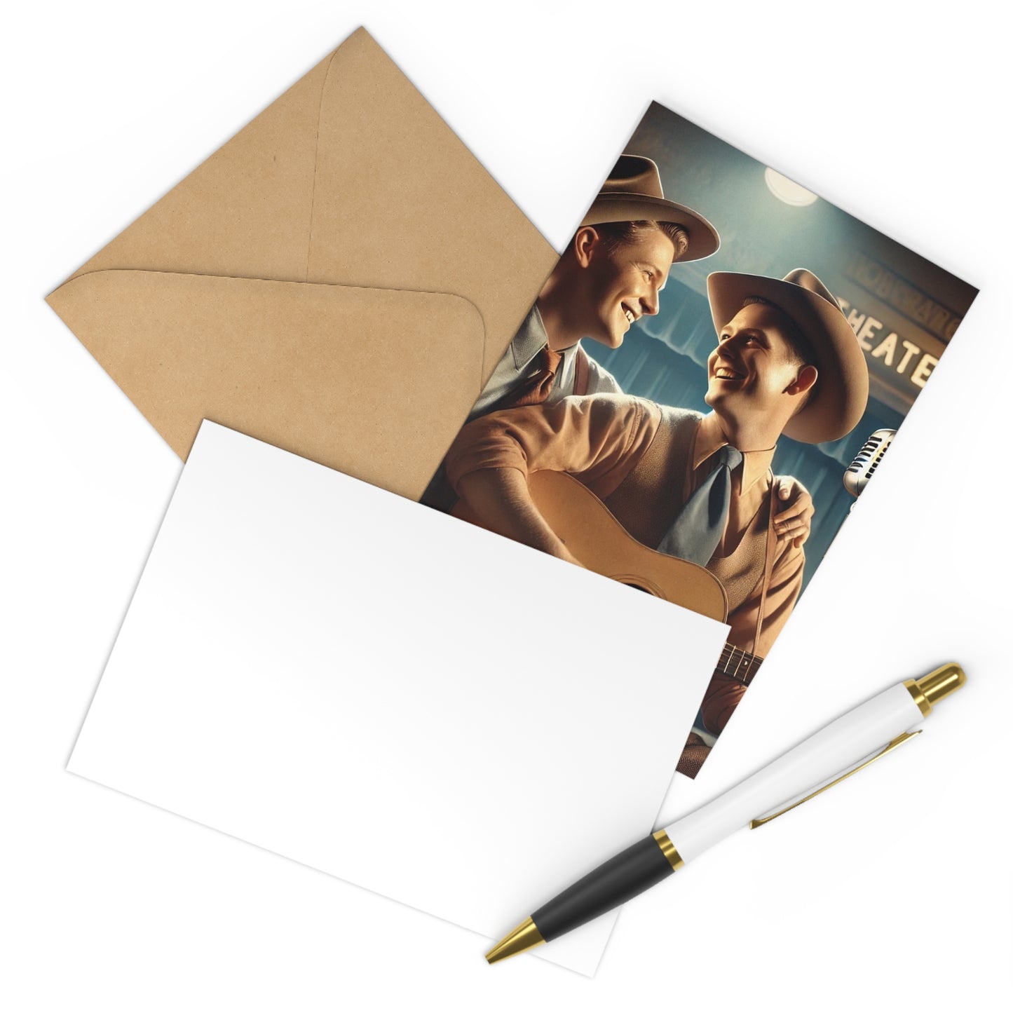 Charming postcard set featuring a gay couple recording a country-western song in a 1930s-style vintage studio.