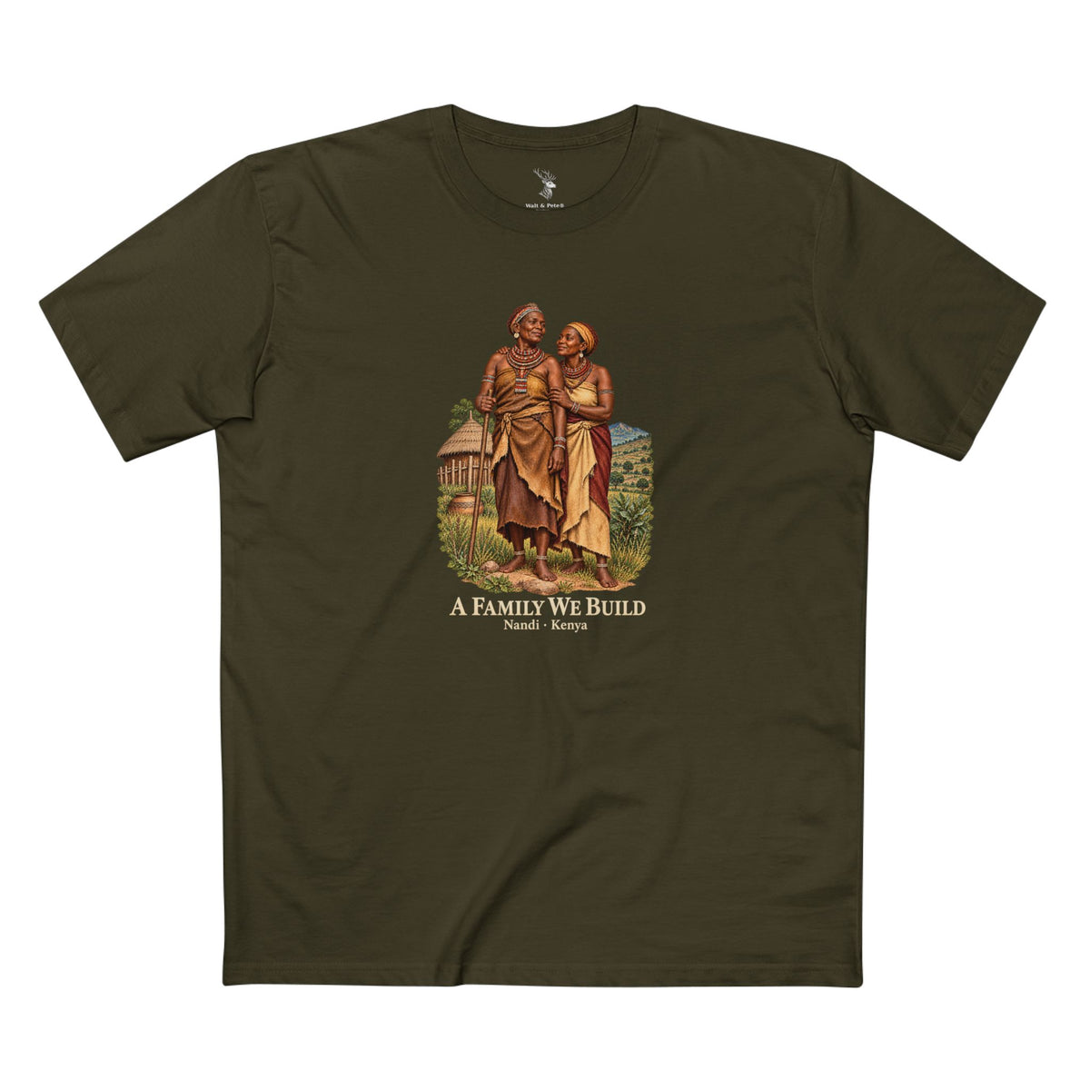 Dark T-shirt with an illustration of two women in a Kenya-inspired highland setting and ivory lettering reading A Family We Build, Nandi · Kenya.