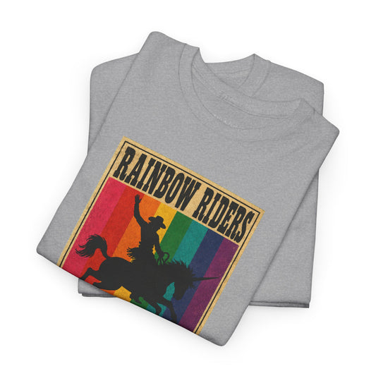 Black bucking rider silhouette over distressed colorful Western stripes