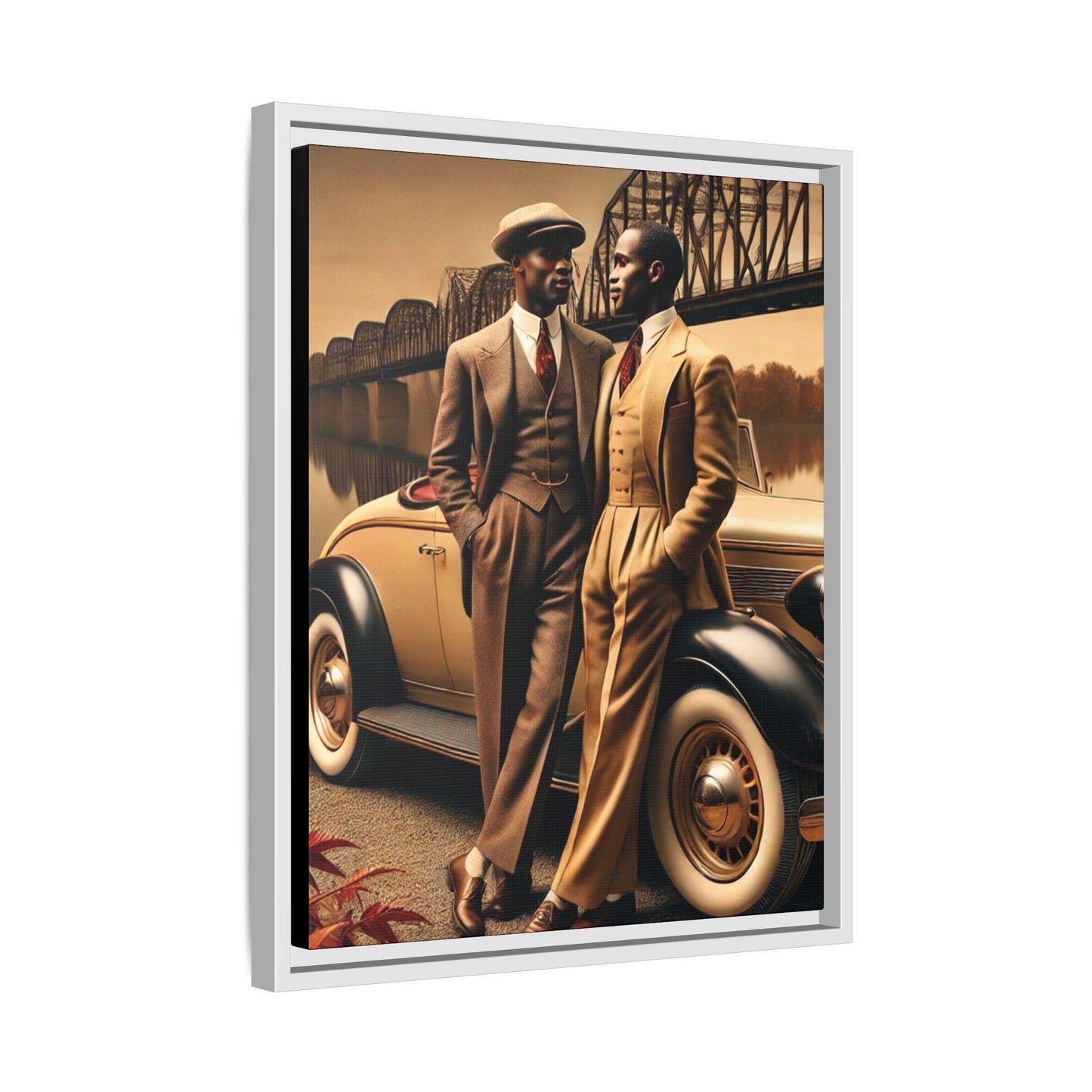 Vintage-style artwork of an African-American gay couple in the 1930s by the Mississippi River with a Packard car, celebrating love and resilience.