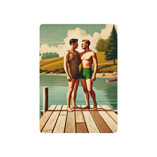 Vintage-inspired poker deck featuring two men in 1920s swimwear on a lakeside dock, capturing hidden queer romance.