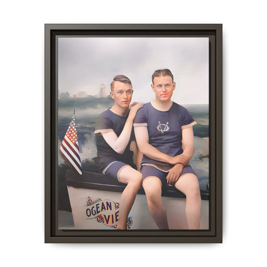 Restored vintage 1920s photo of Lee & Gerald, a gay couple in nautical swimwear by the ocean in Jacksonville FL, framed canvas art.