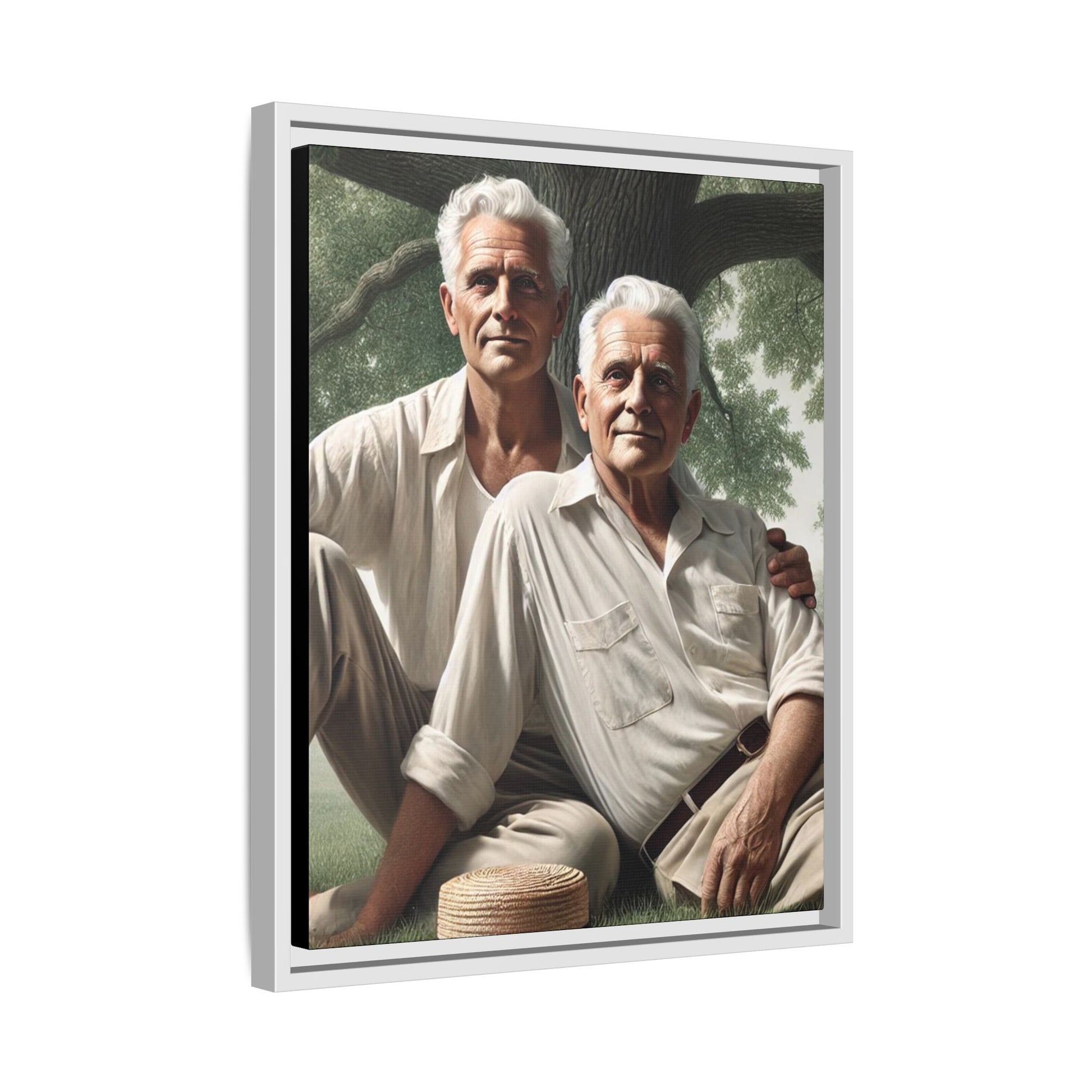 Hyper-realistic painting of an elderly gay couple in 1930s vintage attire under a leafy tree, celebrating love and resilience.