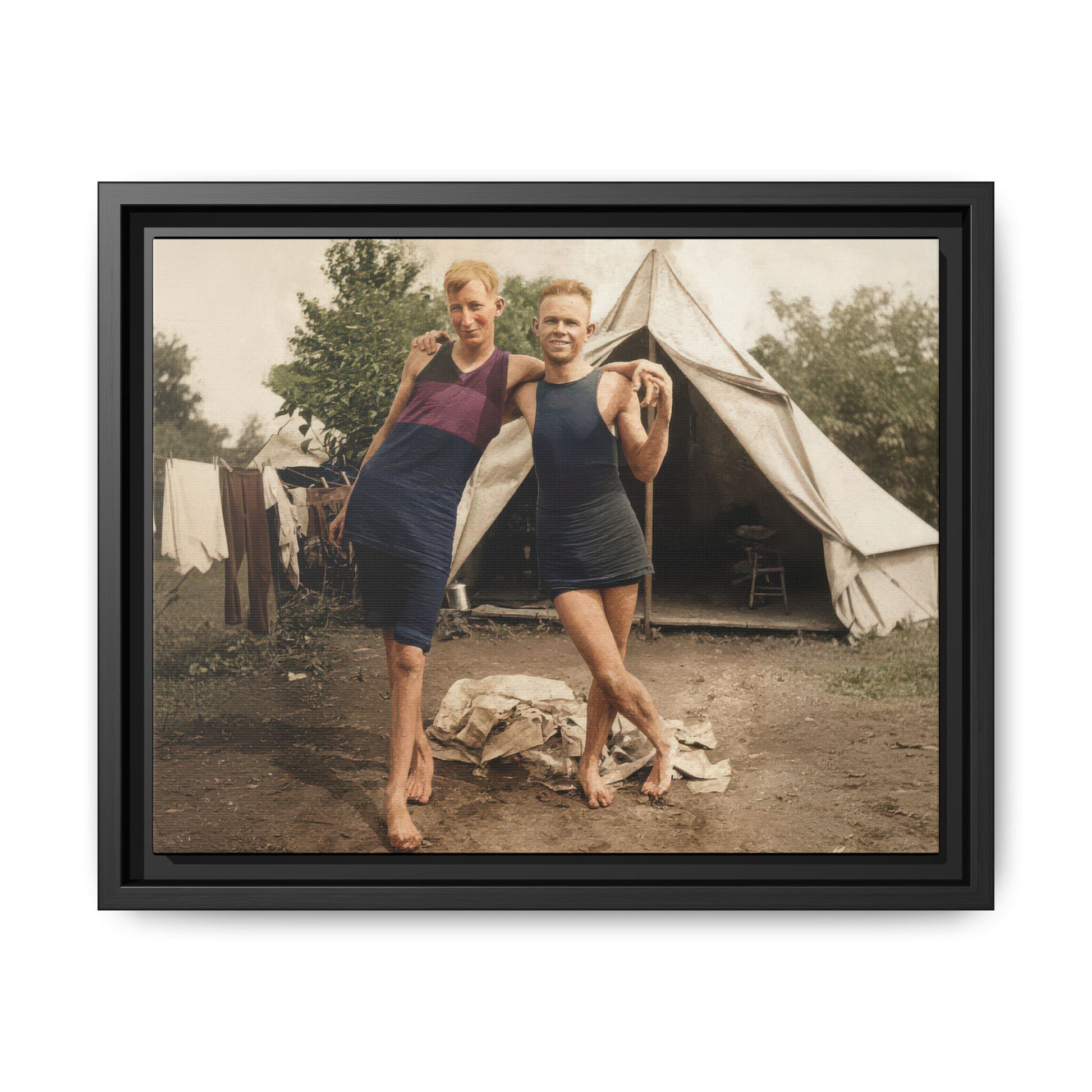 Vintage photograph canvas print showing two men in bathing suits posed before a tent 