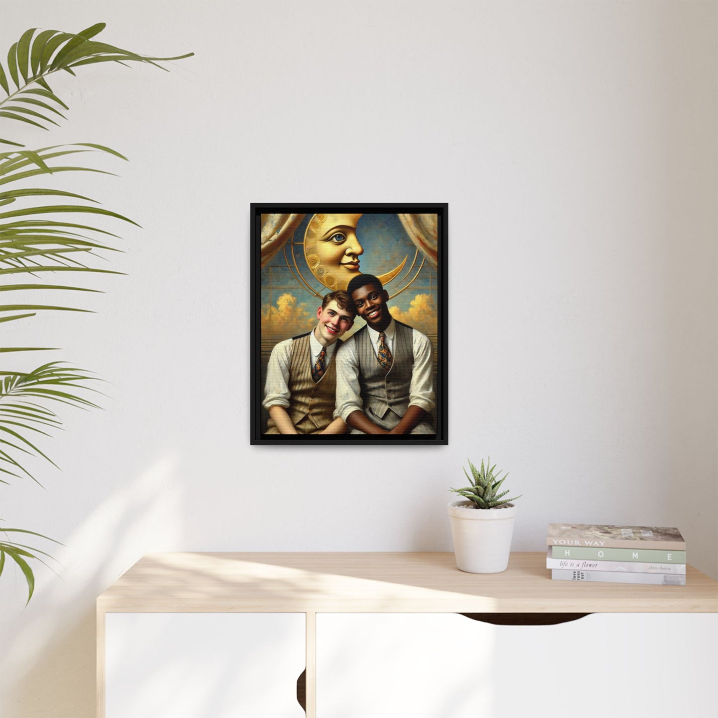A vintage-style artwork showing a young interracial gay couple in 1920s attire sitting beneath a golden crescent moon with a serene expression. Their joyful closeness reclaims erased queer history and reflects the beauty of interracial love through a lens of tenderness and celebration.