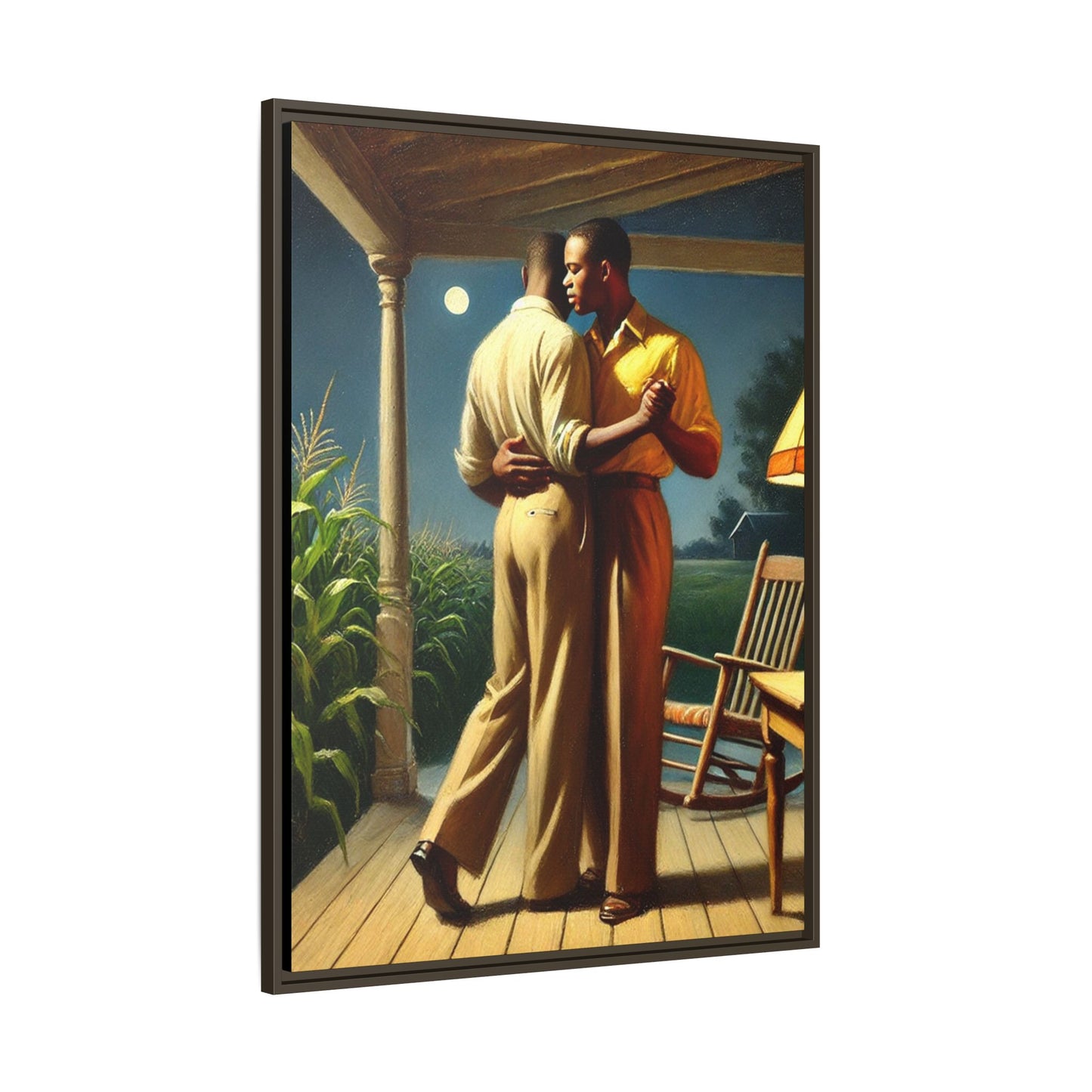 Artwork of an African-American gay couple dancing on a porch under the moonlight, inspired by Grant Wood’s style.