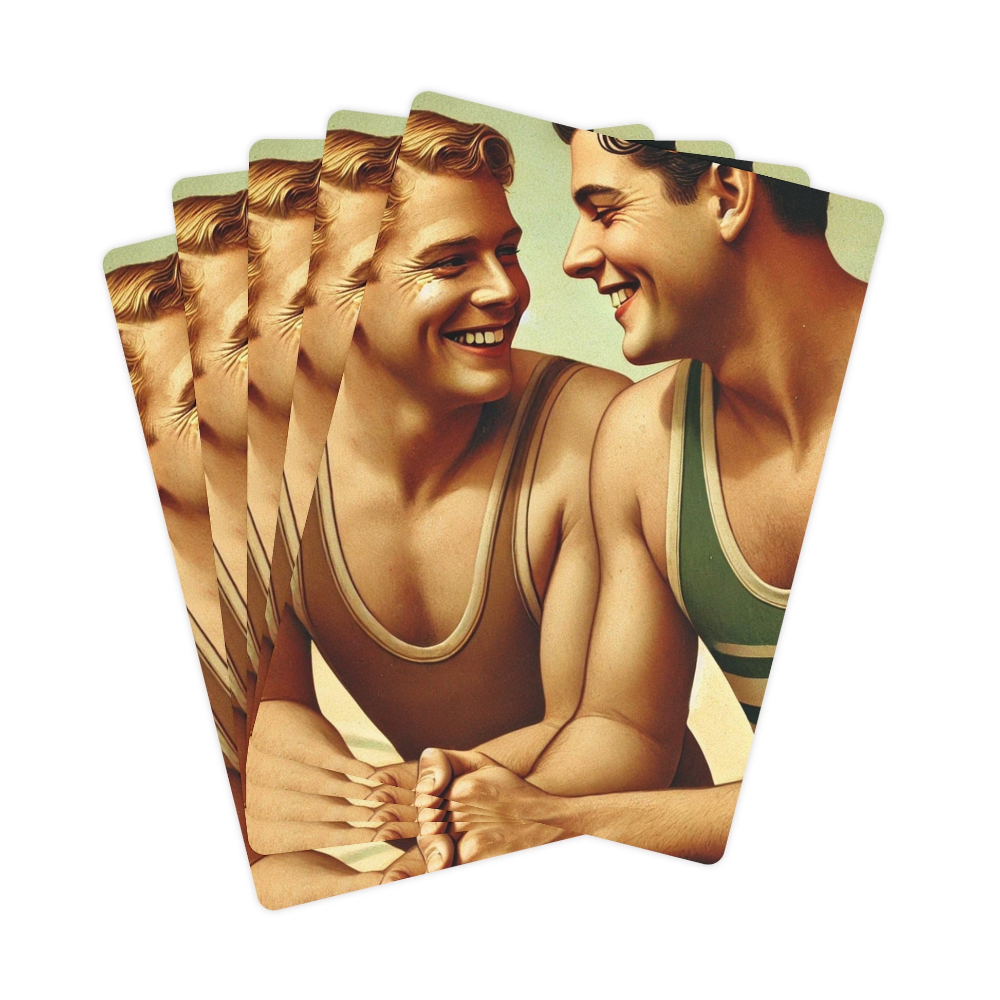 Two young men in vintage athletic swimwear, smiling warmly at each other, featured in a custom Grant Wood-inspired artwork for poker cards.