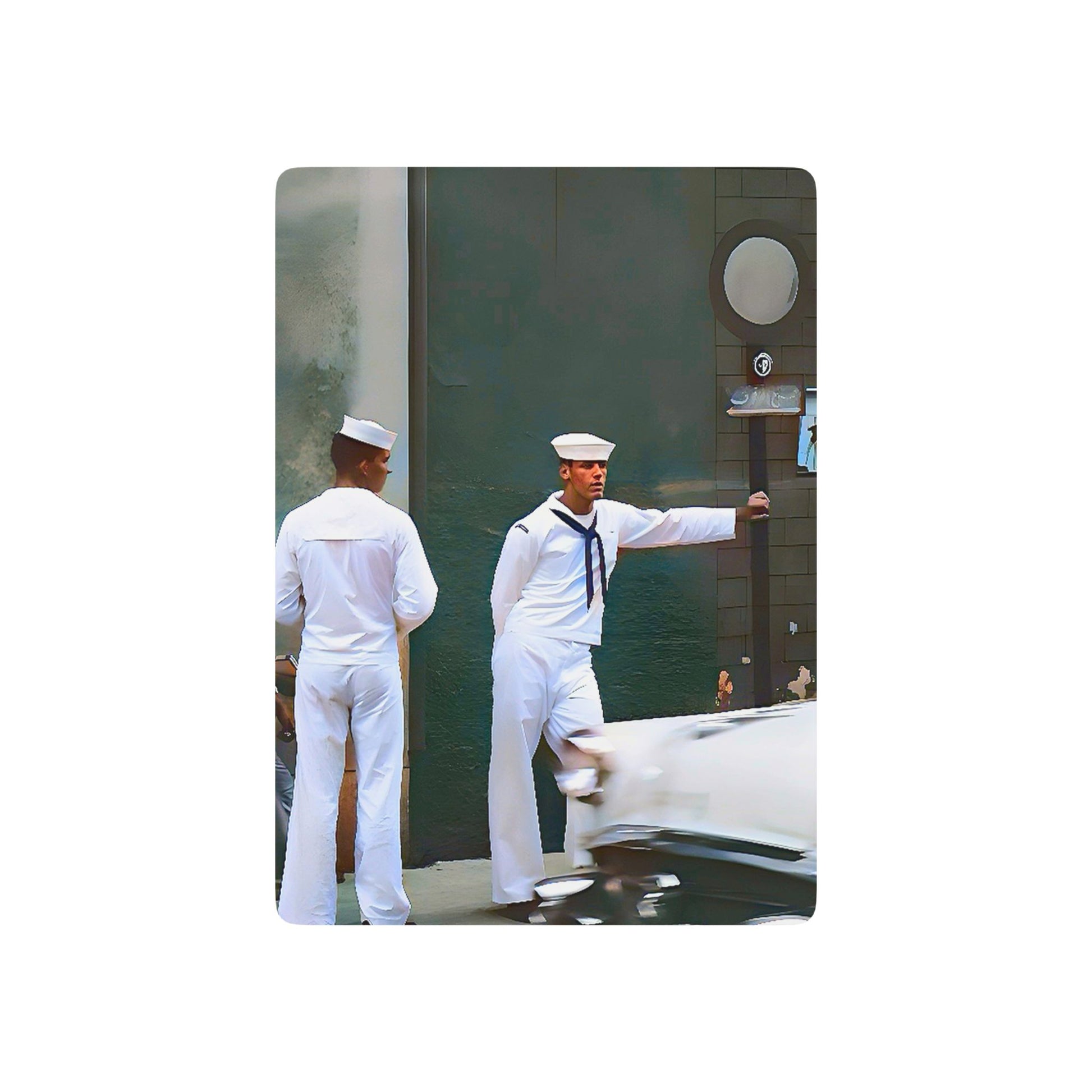 Vintage poker cards featuring two sailors on shore leave, symbolizing LGBTQ+ military history and hidden queer bonds.
