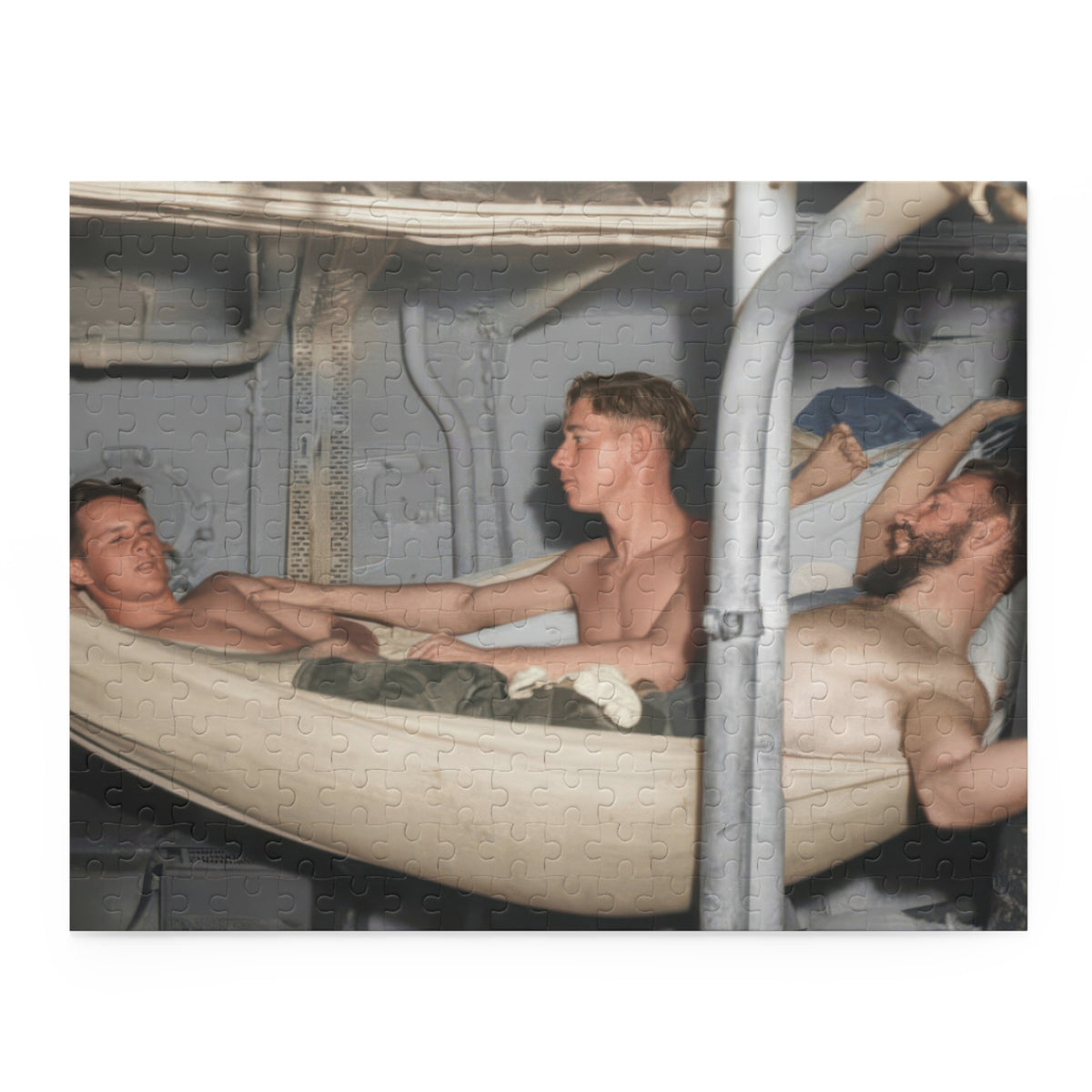 Close-up of the hammock portrait puzzle showing pale canvas folds, pipe junctions, and the central figure’s extended arm.