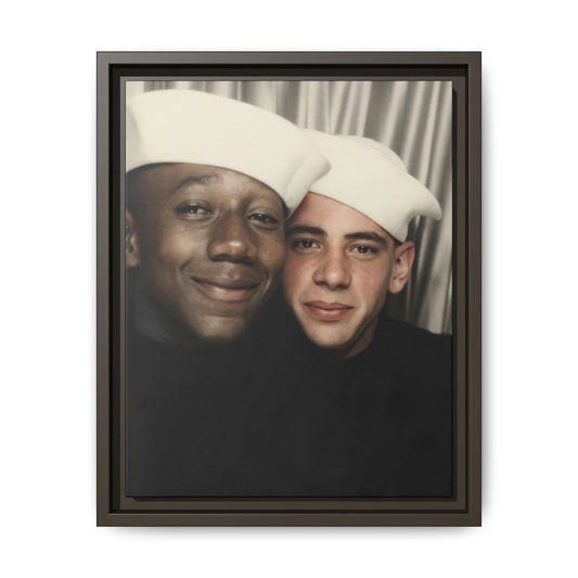 Historical double portrait with two closely posed faces in white caps and dark clothing
