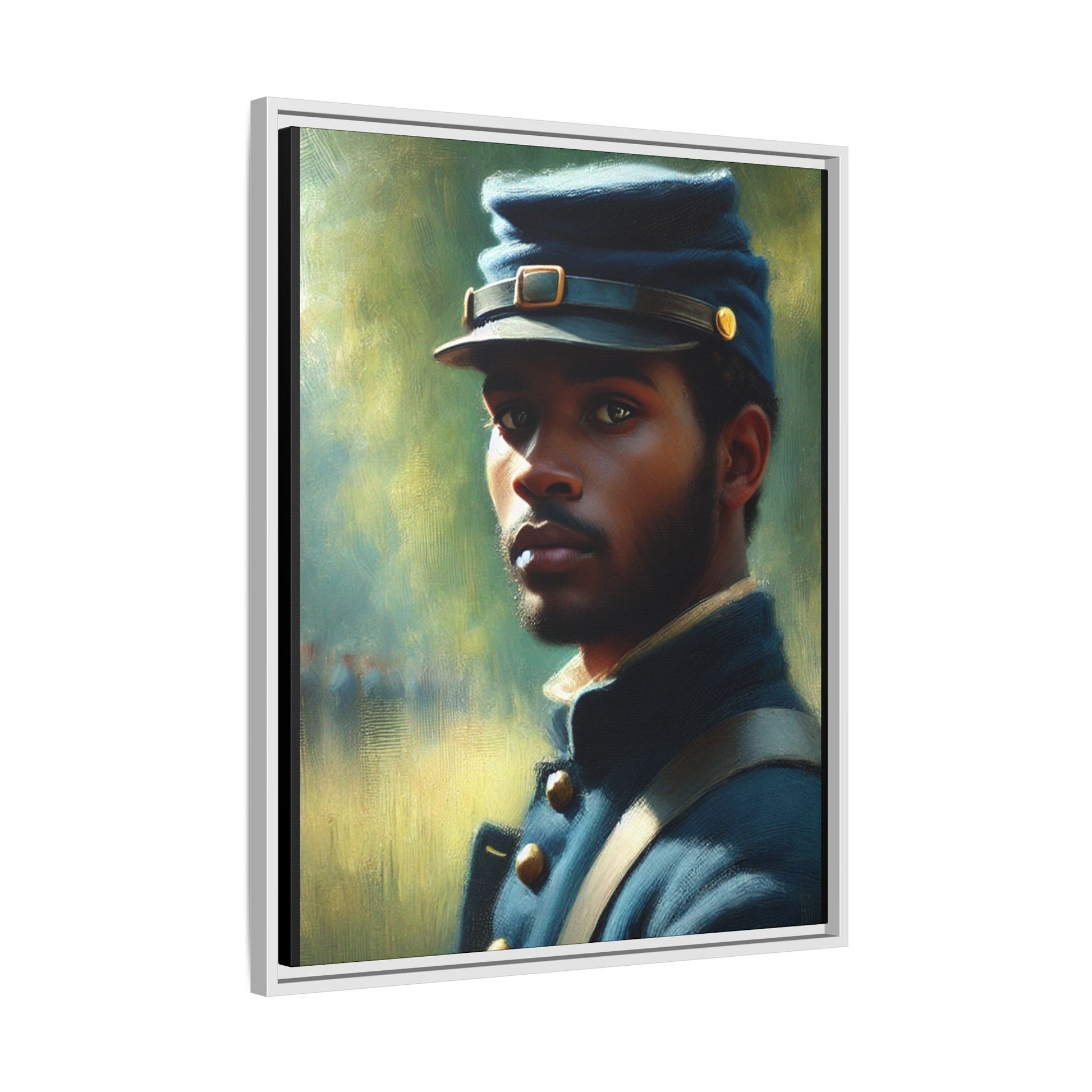 Portrait of an African American Civil War Union soldier in a kepi and navy wool coat, inspired by Walt Whitman’s Drum-Taps, honoring bravery, sacrifice, and resilience.