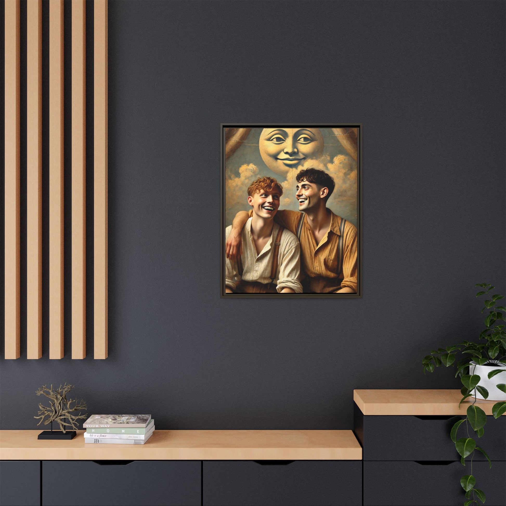 Queer artwork of two joyful young men dressed in vintage clothing with rolled sleeves and suspenders, laughing under a large moon prop in a dreamy studio scene. A celebration of love and resilience reclaimed from forgotten queer histories.