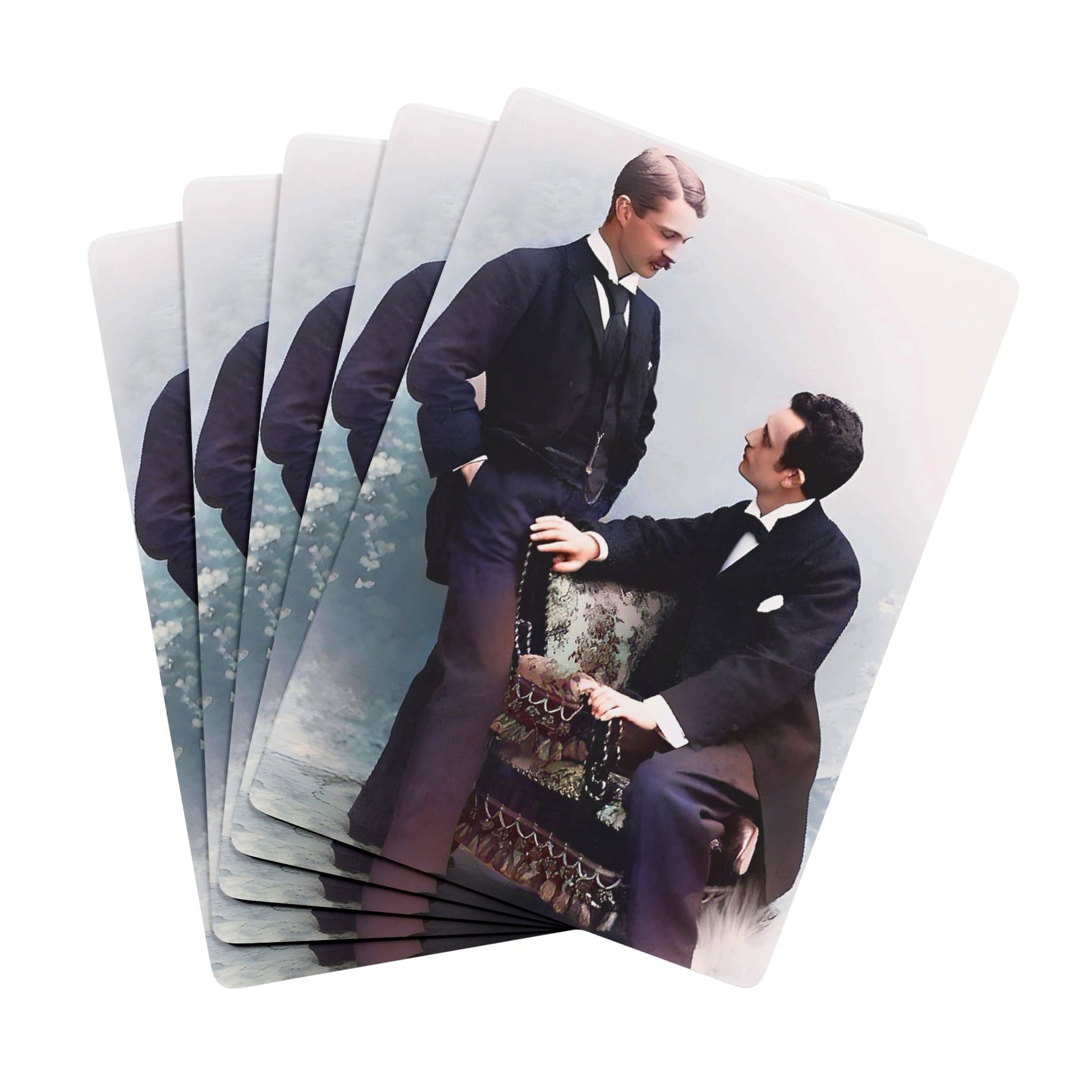 A restored vintage photo of a gay couple in formal attire, sharing a quiet moment of love and connection in a classic studio setting.