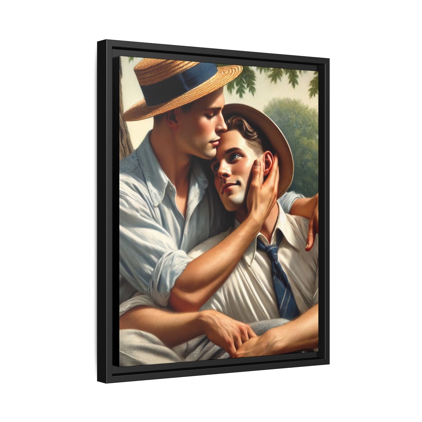 Vintage-style artwork of a gay couple in a sunlit meadow, sharing an affectionate moment in the 1930s