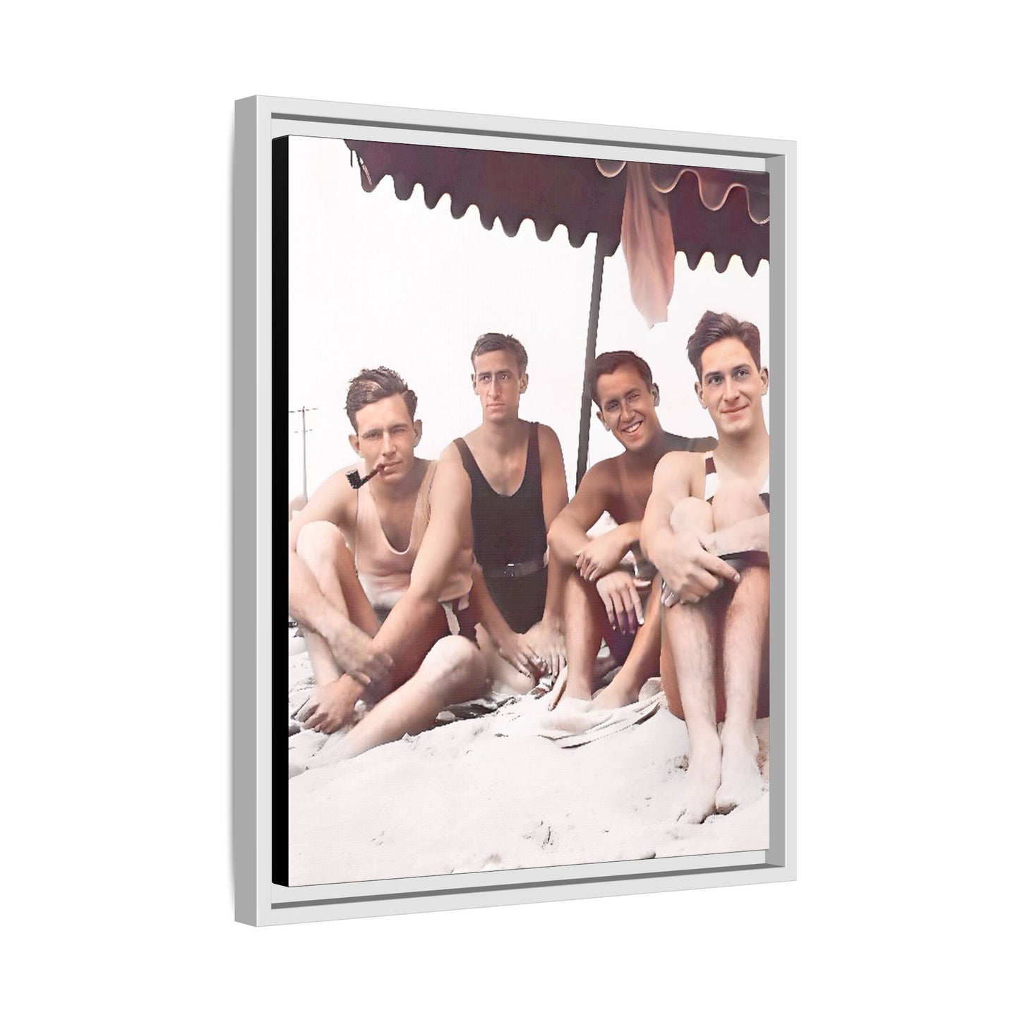 Restored vintage 1920s photograph of men enjoying a sunny beach day in Asbury Park, New Jersey, under a striped canopy. Framed matte canvas print celebrating LGBTQ+ history, joy, and camaraderie