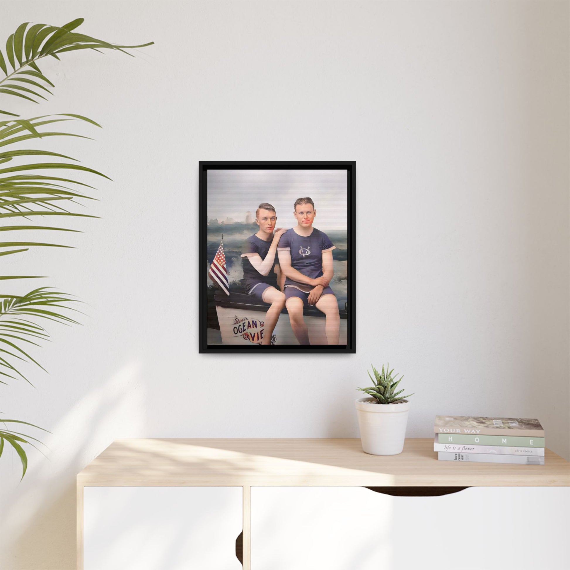 Restored vintage 1920s photo of Lee & Gerald, a gay couple in nautical swimwear by the ocean in Jacksonville FL, framed canvas art.