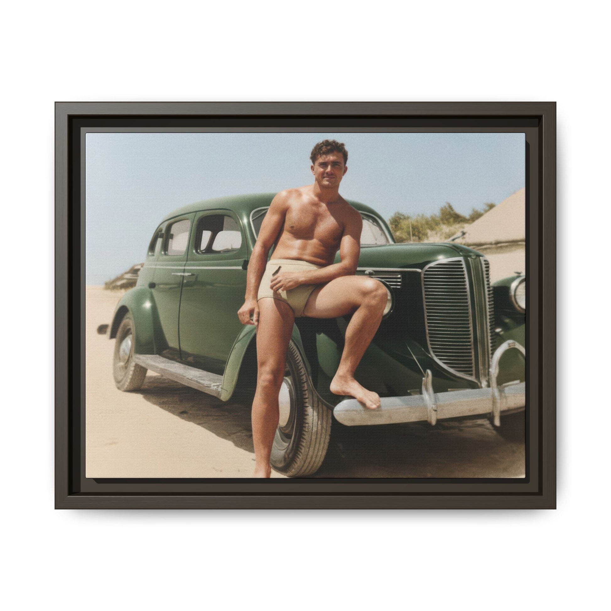 Restored historical beach portrait with vintage automobile, archival photography canvas print for coastal and vintage-inspired interiors