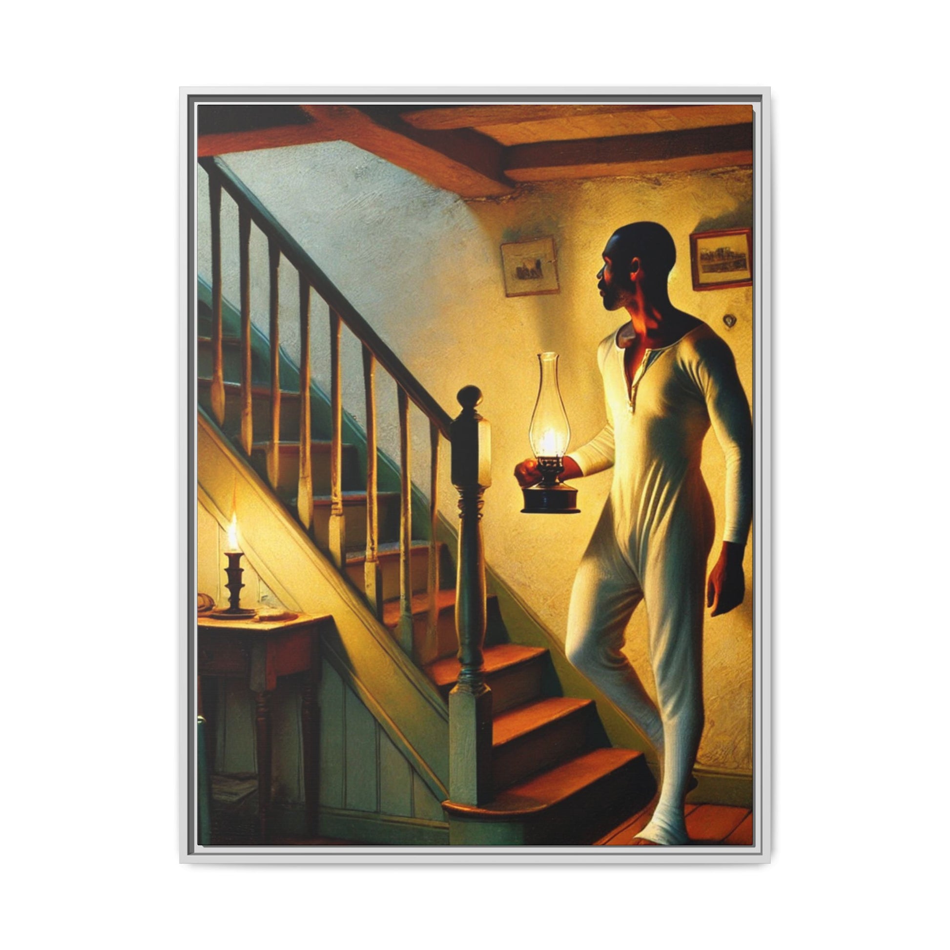 Framed artwork of an African-American man holding a lantern on a staircase, inspired by Grant Wood's style.