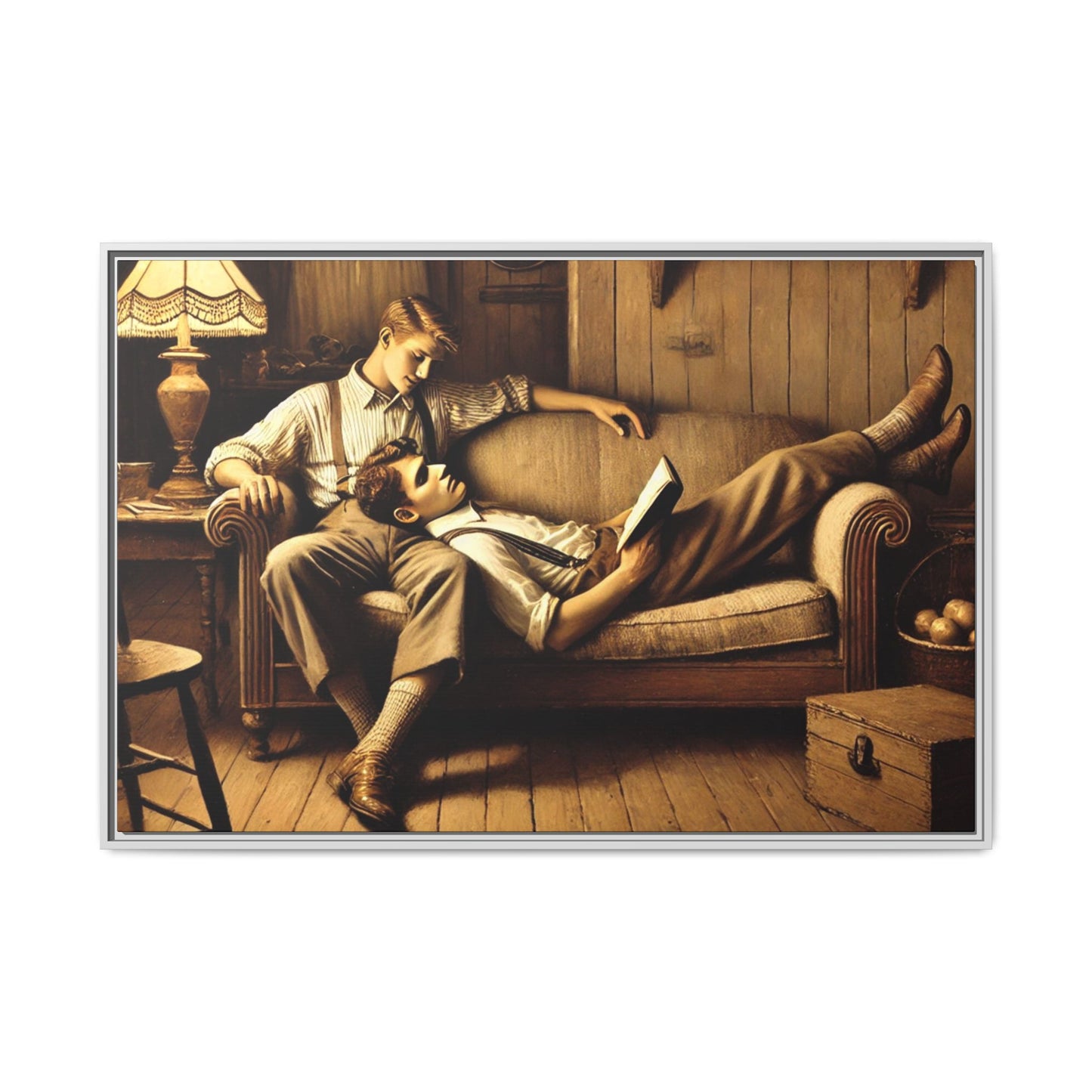 Art of a gay couple sharing an intimate moment on a cozy sofa in a rustic living room, inspired by Grant Wood’s style