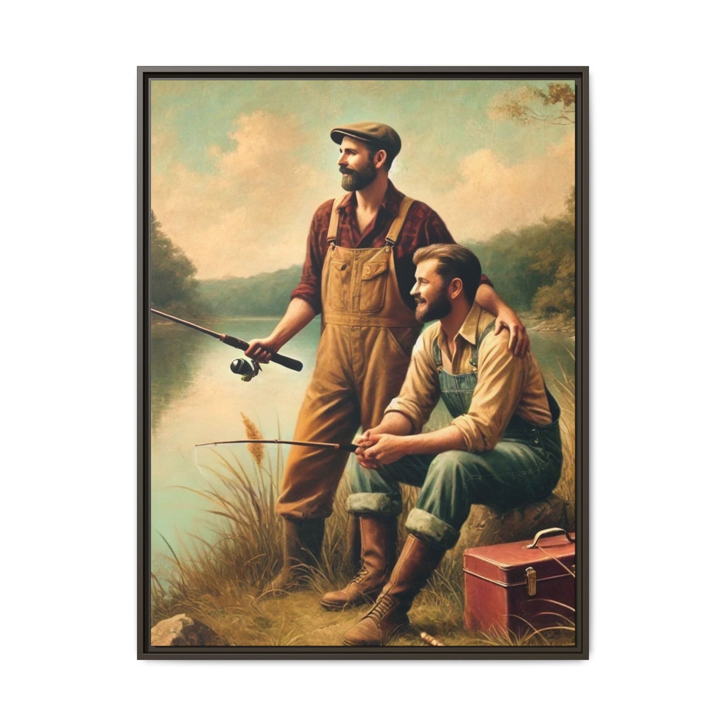 Vintage-style artwork of a gay couple fishing at a serene lakeside in the 1930s, celebrating love and rural life