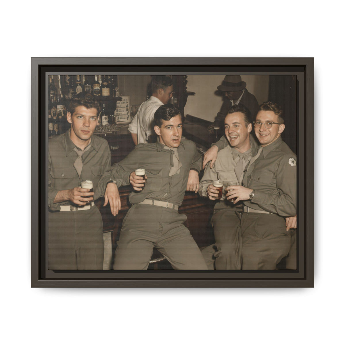 Historical bar group photograph with foamy drinks, chest-pocket shirts, shelves of bottles, and two additional men in the background.