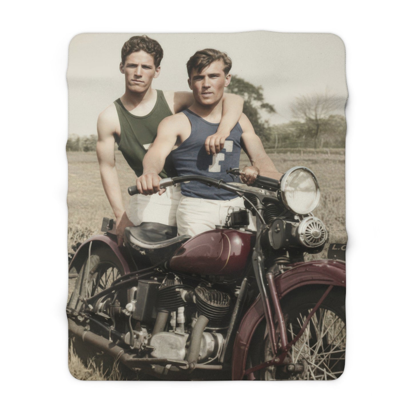 Cozy fleece throw with restored historical motorcycle portrait in an open field 
