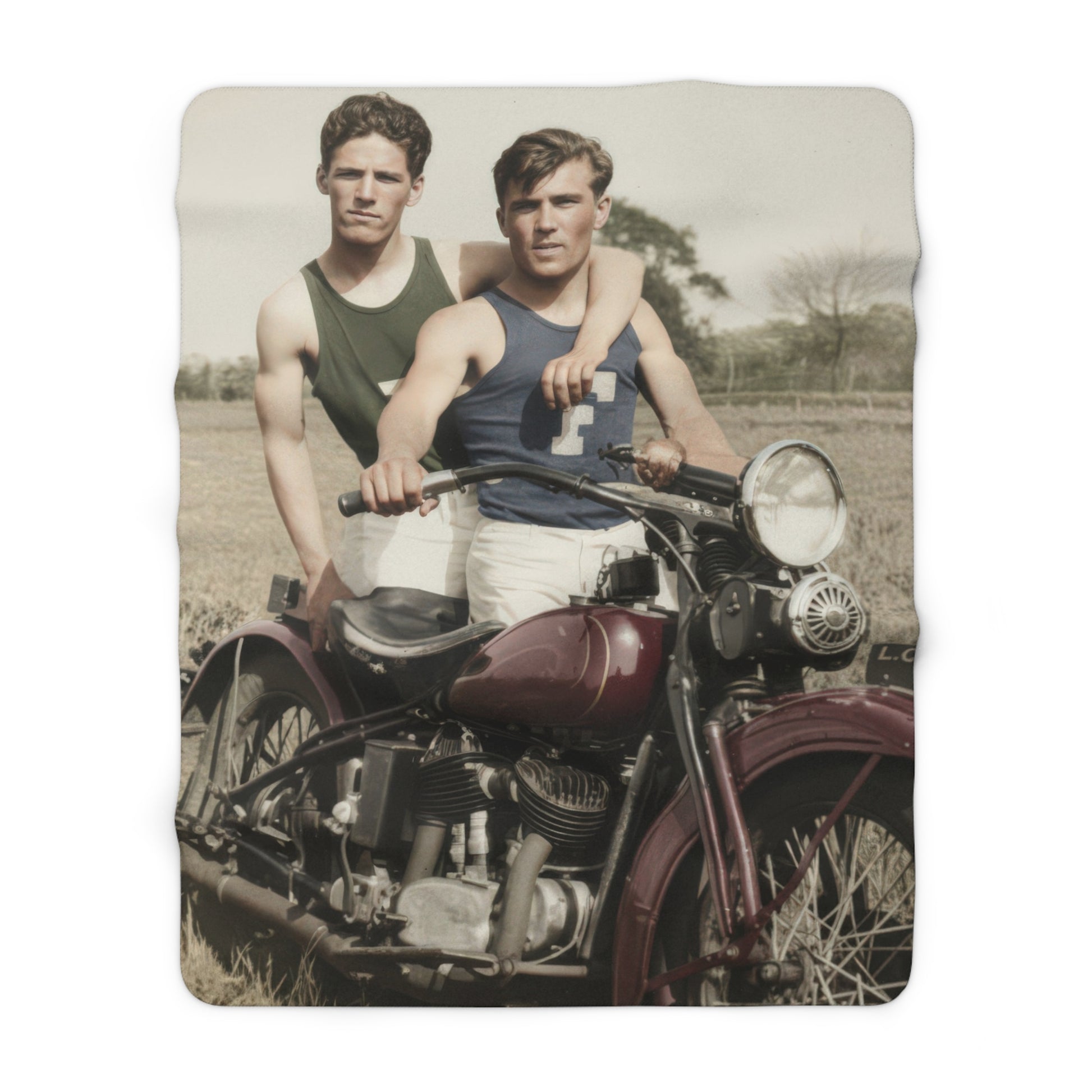Cozy fleece throw with restored historical motorcycle portrait in an open field 