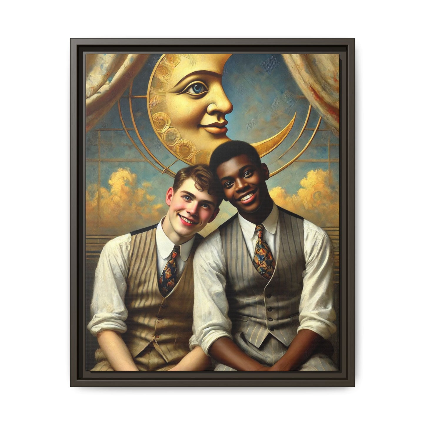 A vintage-style artwork showing a young interracial gay couple in 1920s attire sitting beneath a golden crescent moon with a serene expression. Their joyful closeness reclaims erased queer history and reflects the beauty of interracial love through a lens of tenderness and celebration.
