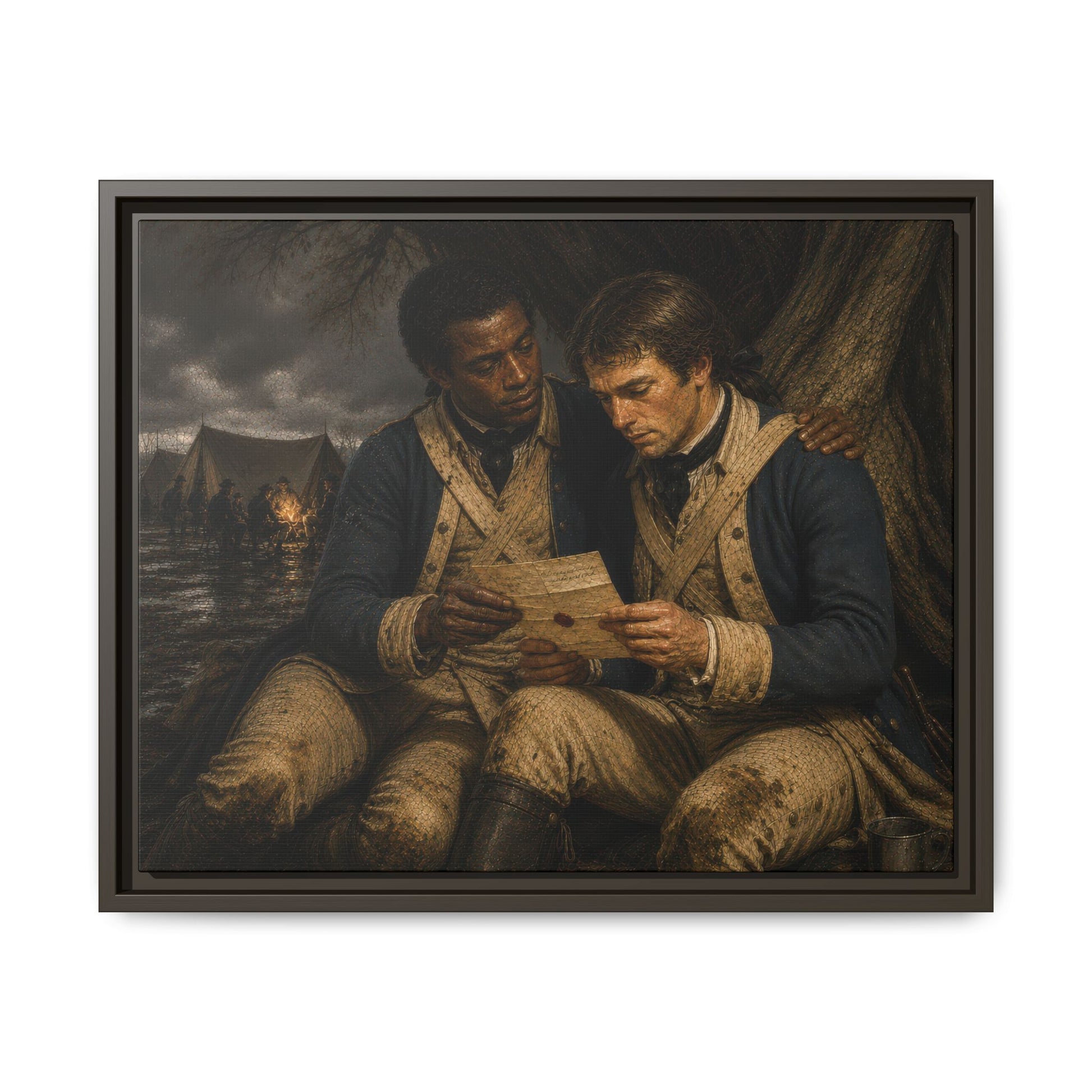 Two Black Continental Army soldiers reading a sealed letter beneath a large tree during a Revolutionary War winter encampment framed matte canvas by Walt & Pete®