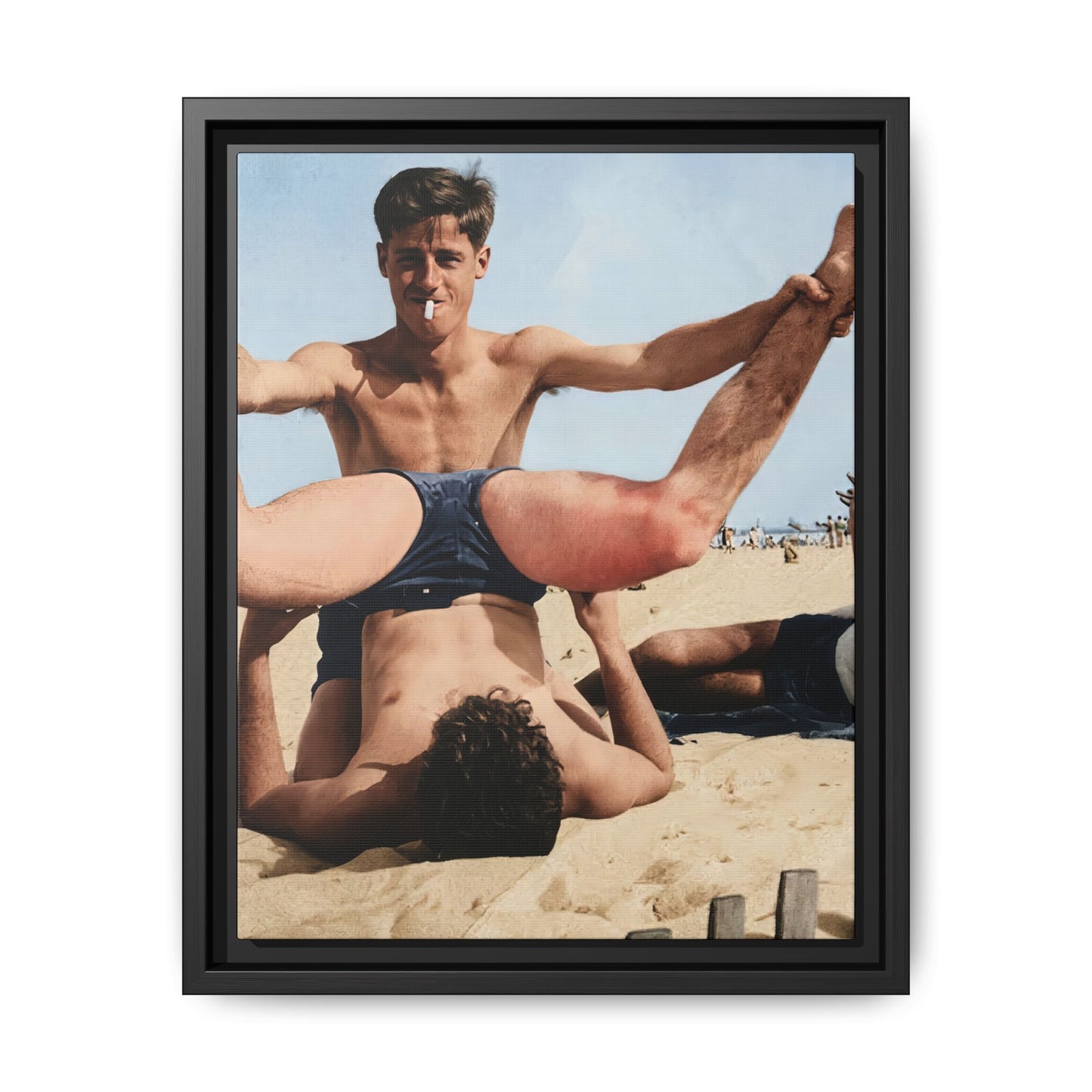 vintage beach action photograph two men playful pose restored 