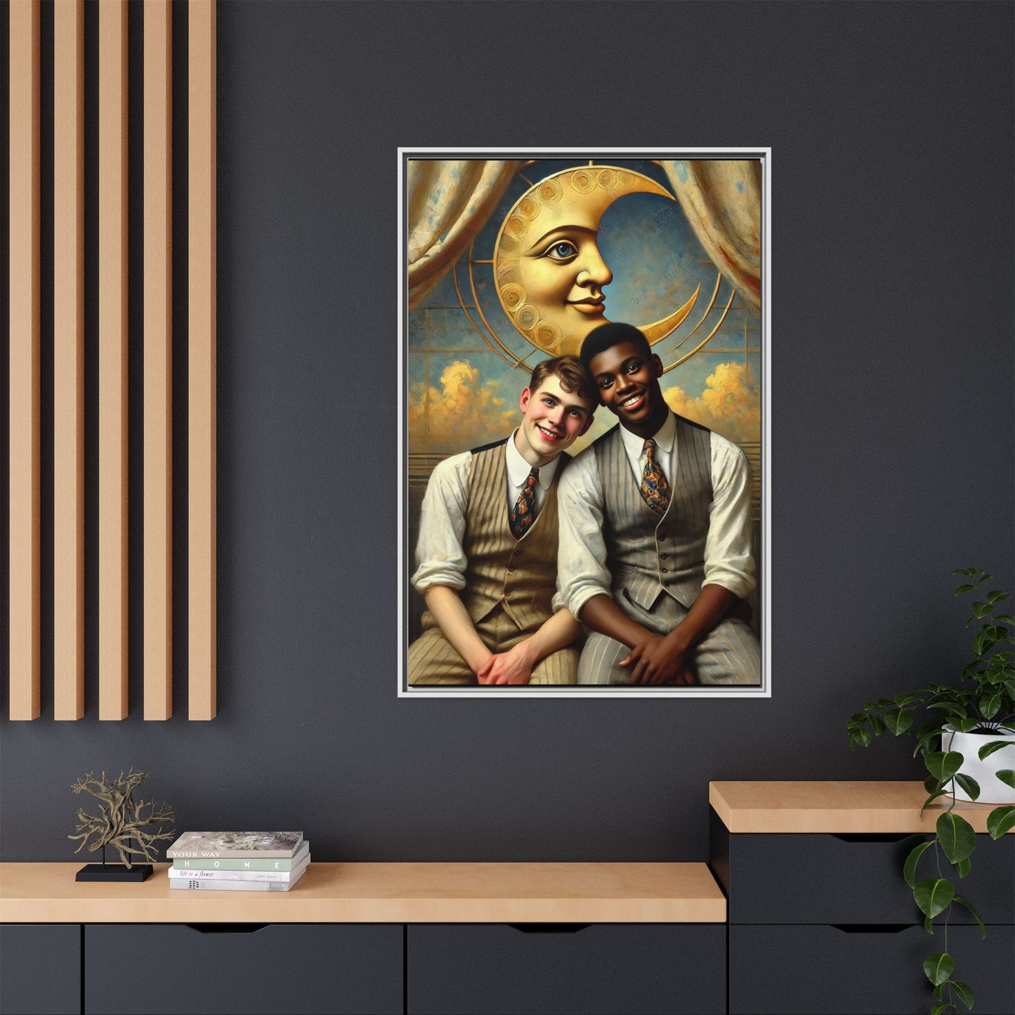 A vintage-style artwork showing a young interracial gay couple in 1920s attire sitting beneath a golden crescent moon with a serene expression. Their joyful closeness reclaims erased queer history and reflects the beauty of interracial love through a lens of tenderness and celebration.