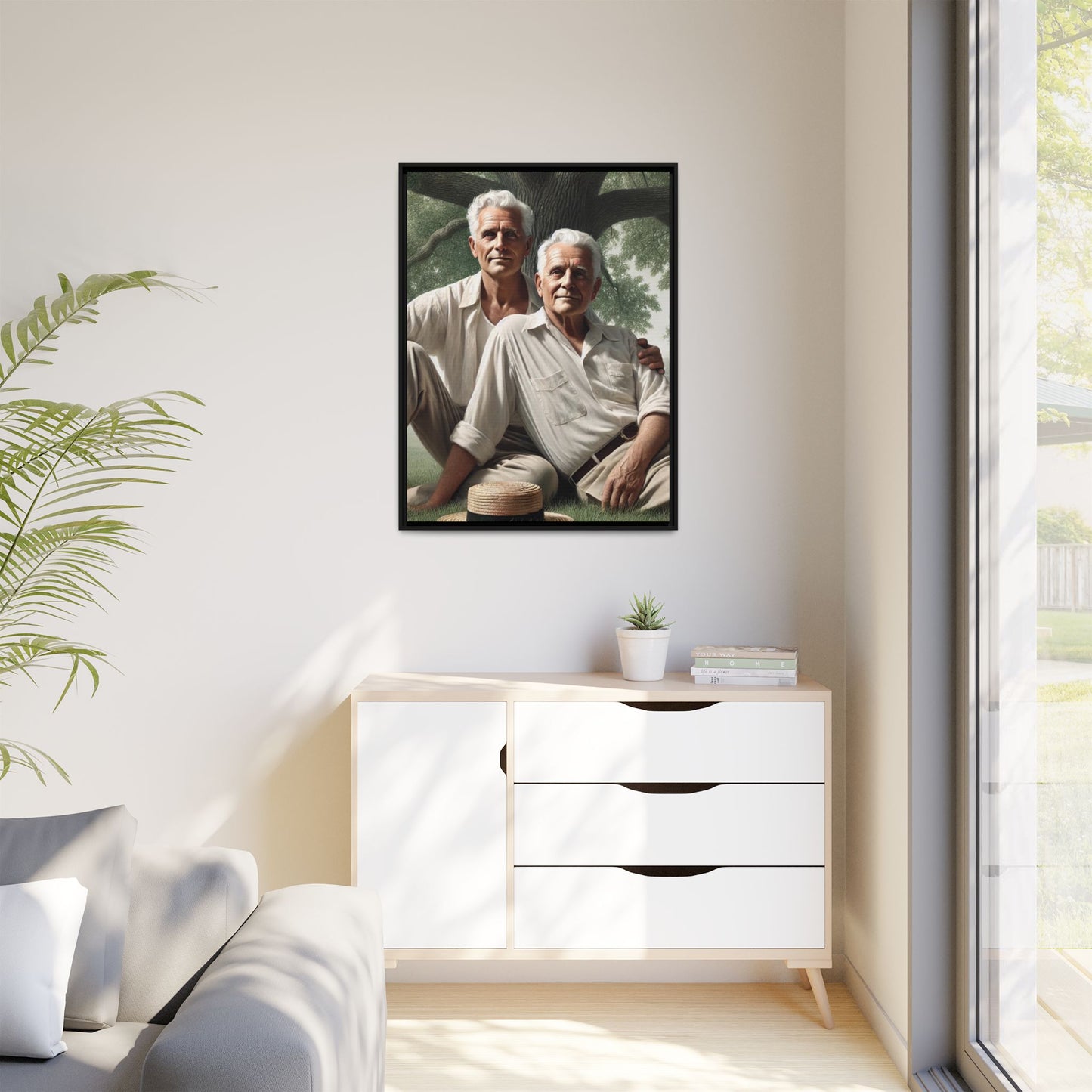 Hyper-realistic painting of an elderly gay couple in 1930s vintage attire under a leafy tree, celebrating love and resilience.