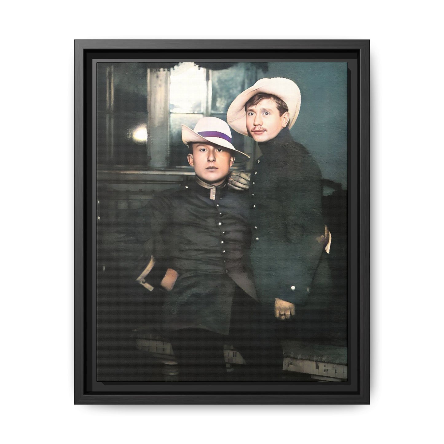 Restored vintage photograph of Flavio and Eustolio, an early 20th-century LGBTQ+ military couple from El Paso, Texas. Displayed as a framed matte canvas print, showcasing timeless love and resilience.