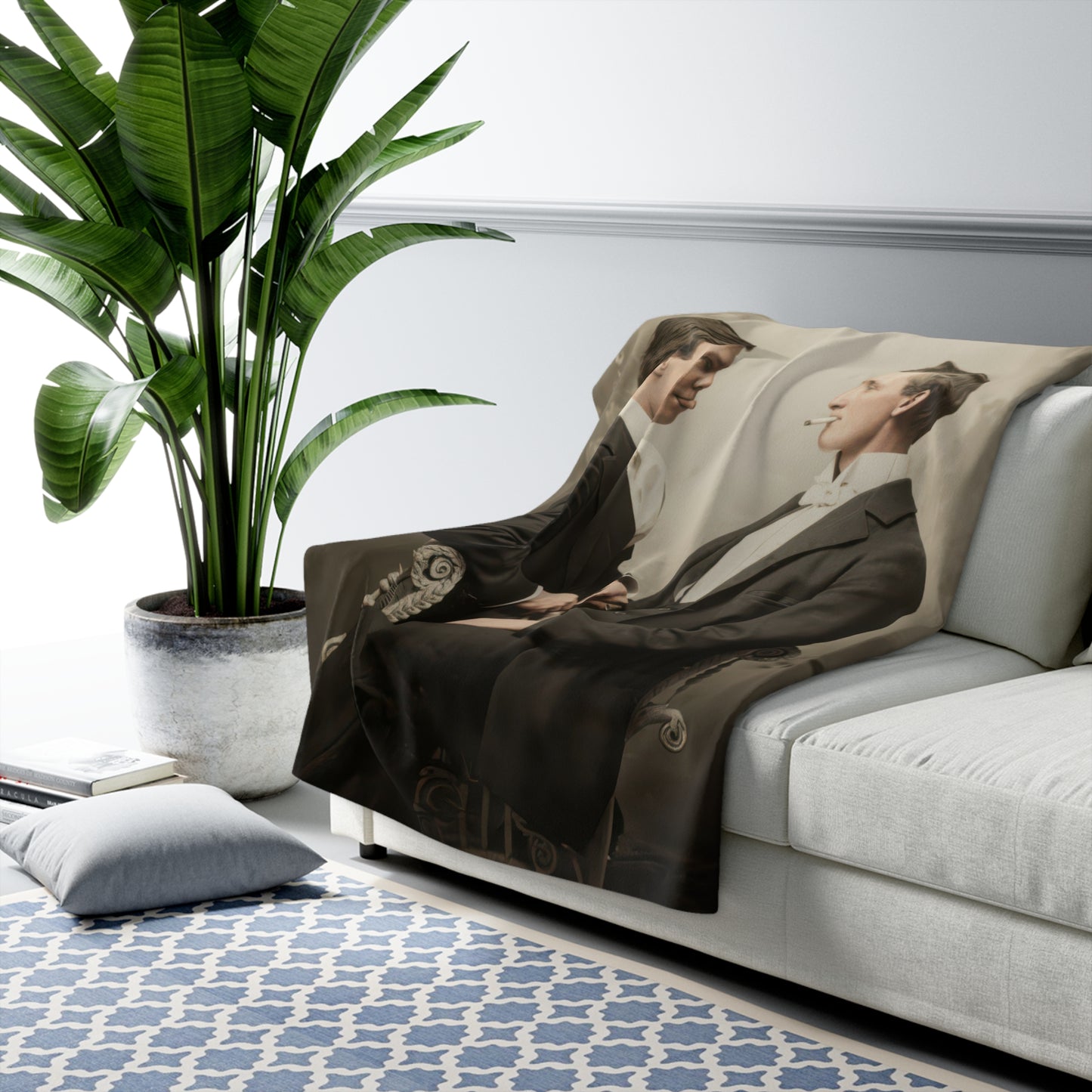Historical sherpa blanket with early studio portrait, dark suits, and classic styling 