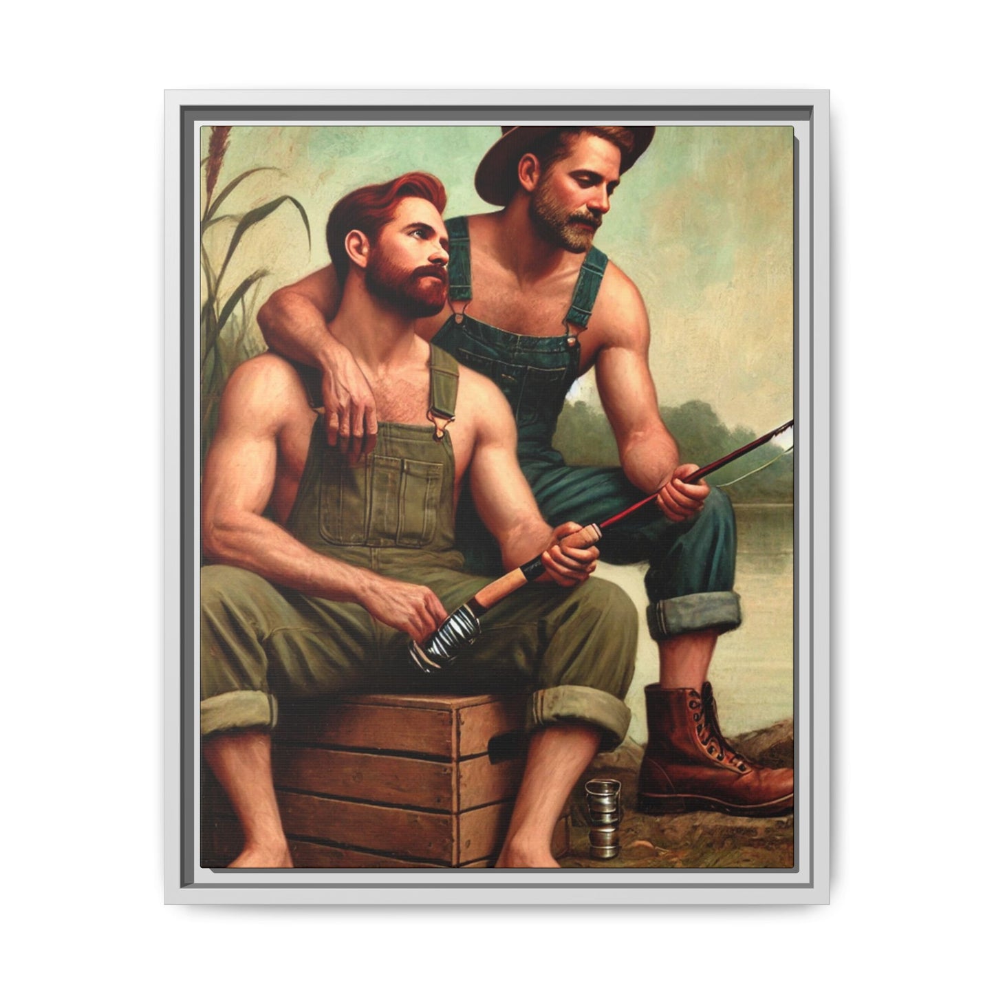 Vintage-style artwork of a gay couple fishing by a tranquil lake in the 1930s, celebrating love and nature.