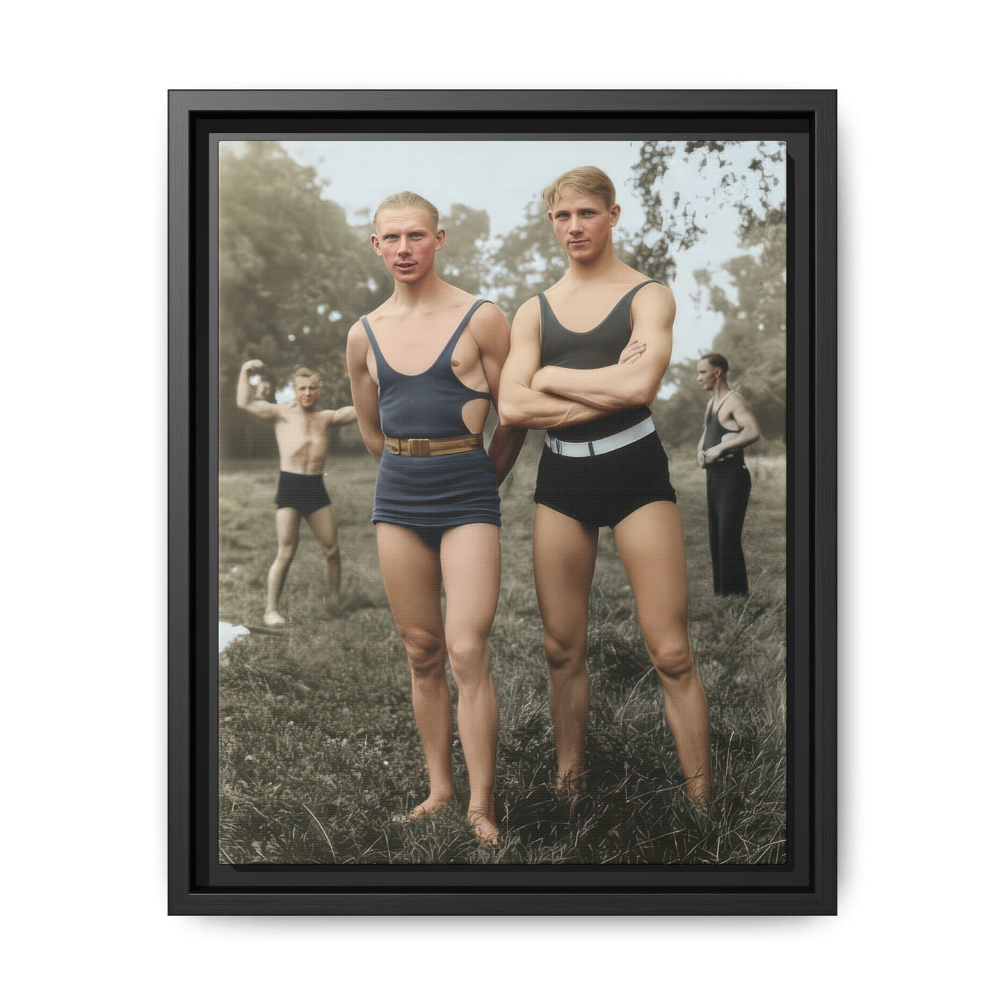 1Restored vintage photograph of two bathers standing outdoors in early 20th-century swimwear 