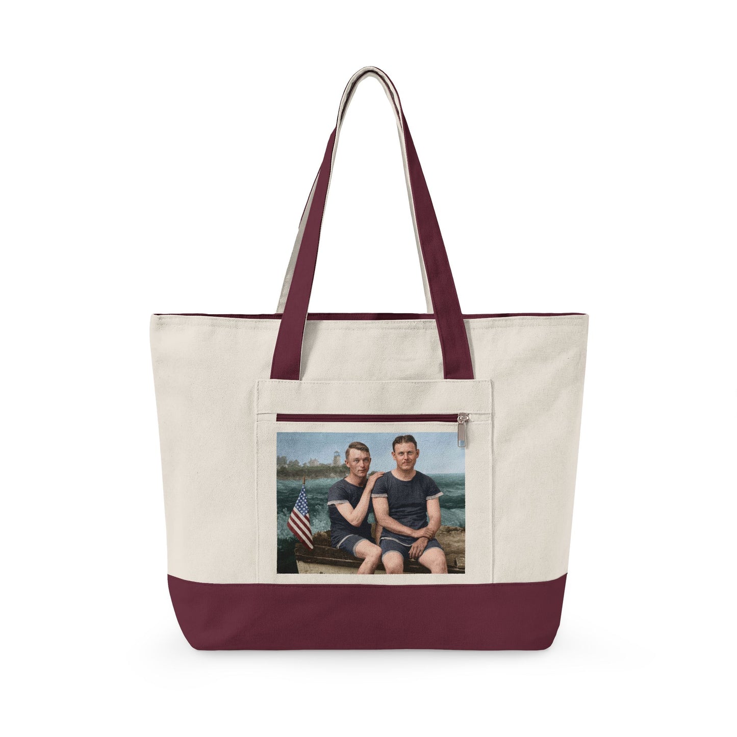 Walt & Pete NAGER zippered canvas tote with lighthouse scene 