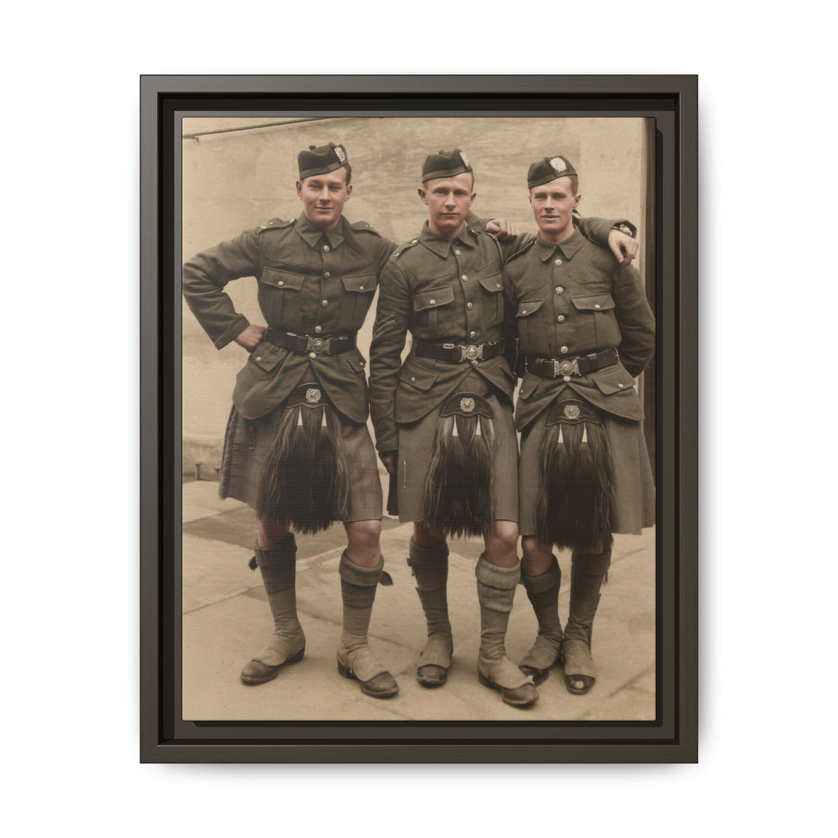 Three uniformed men standing shoulder to shoulder, with arms across shoulders and a pipe running along the wall behind them.