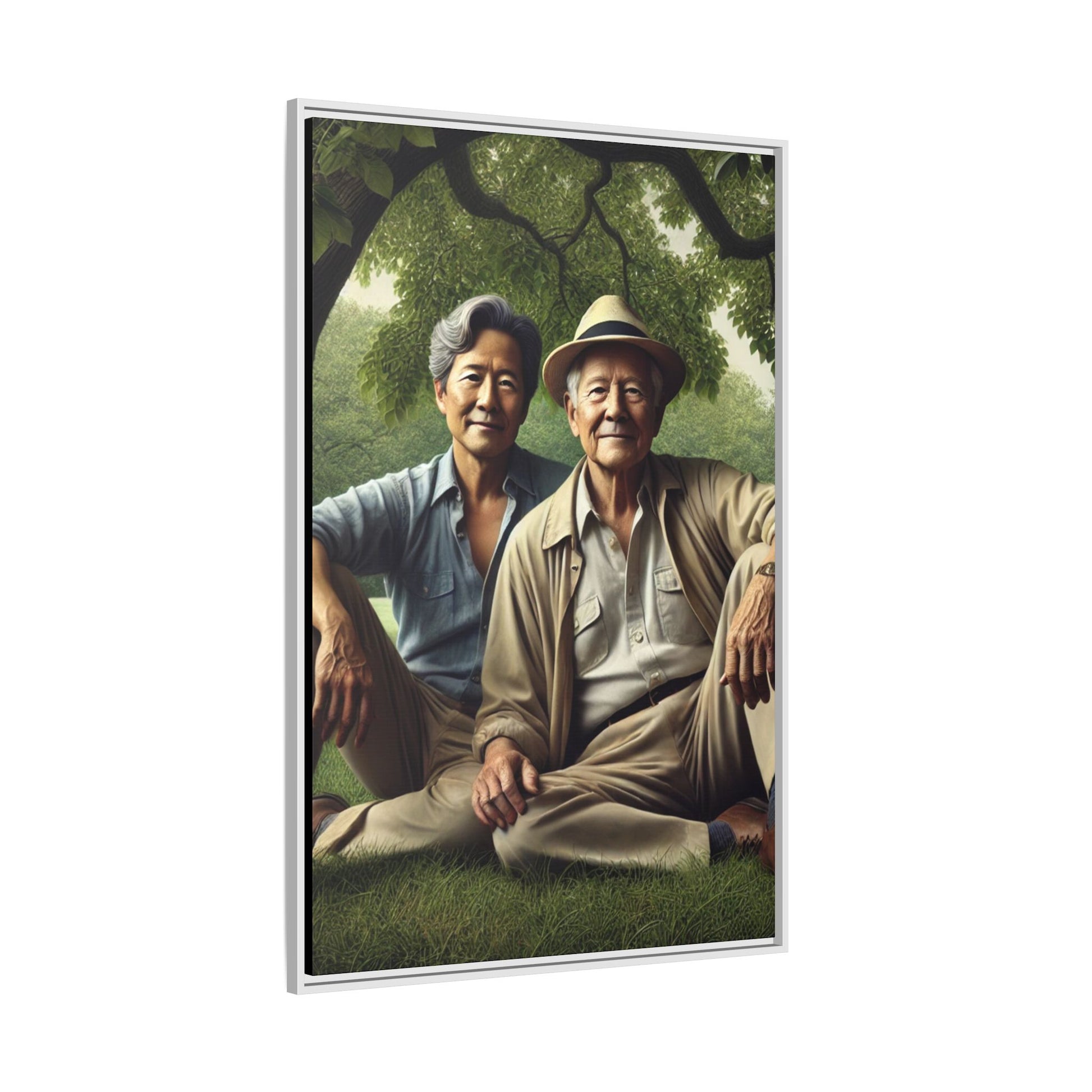 Hyper-realistic painting of an elderly Asian-American gay couple in 1930s attire under a leafy tree, celebrating love and resilience.