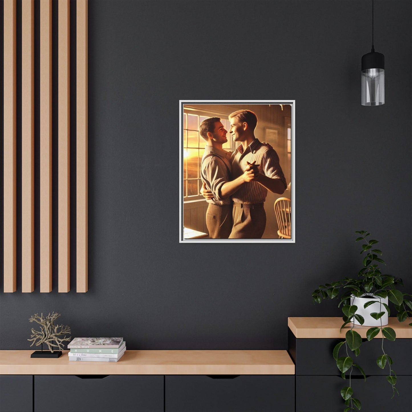 Art of a gay couple dancing in a sunlit dining room, inspired by Grant Wood’s Americana style and celebrating love.