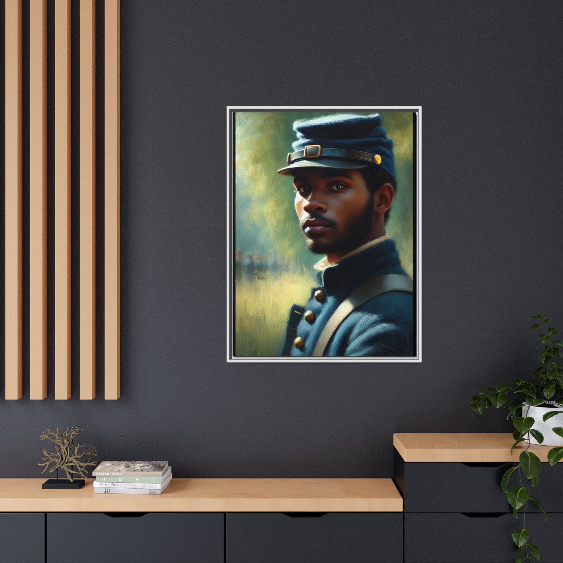 Portrait of an African American Civil War Union soldier in a kepi and navy wool coat, inspired by Walt Whitman’s Drum-Taps, honoring bravery, sacrifice, and resilience.