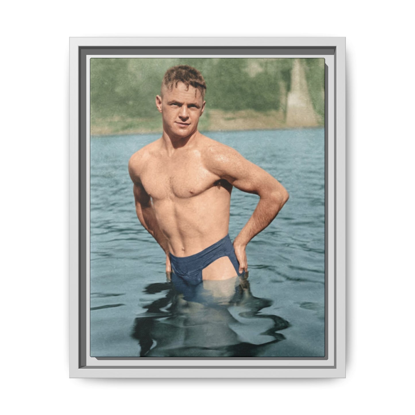 Vintage lakeside portrait wall art featuring a standing swimmer in open water 
