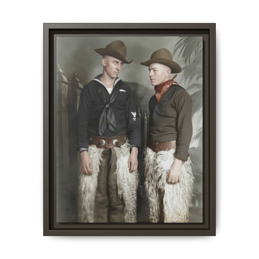 Historical paired portrait showing two costumed figures in dark tops, wide-brim hats, and theatrical dress