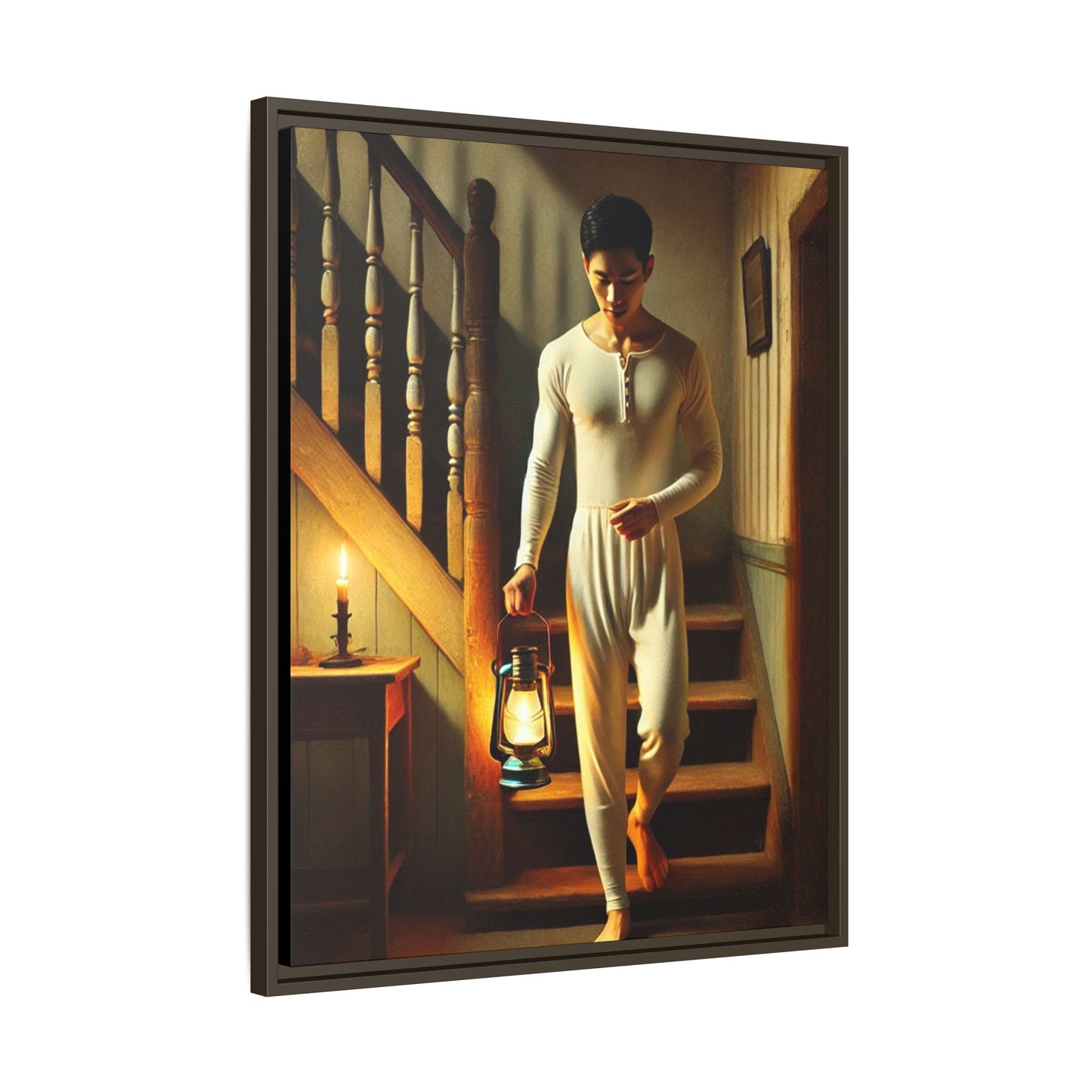 Framed artwork of an Asian-American man wearing long johns underwear holding a lantern on a staircase, inspired by Grant Wood’s style.