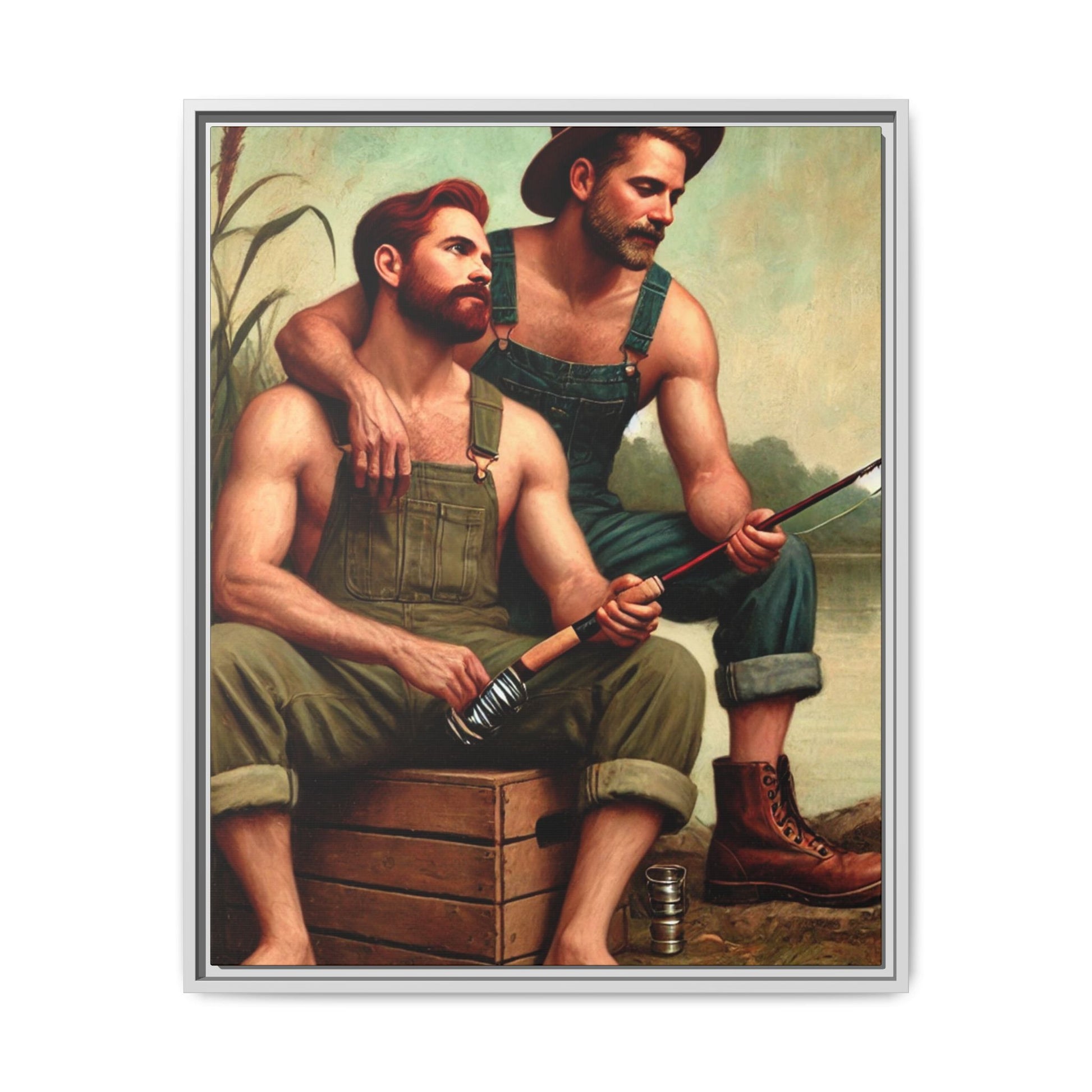 Vintage-style artwork of a gay couple fishing by a tranquil lake in the 1930s, celebrating love and nature.